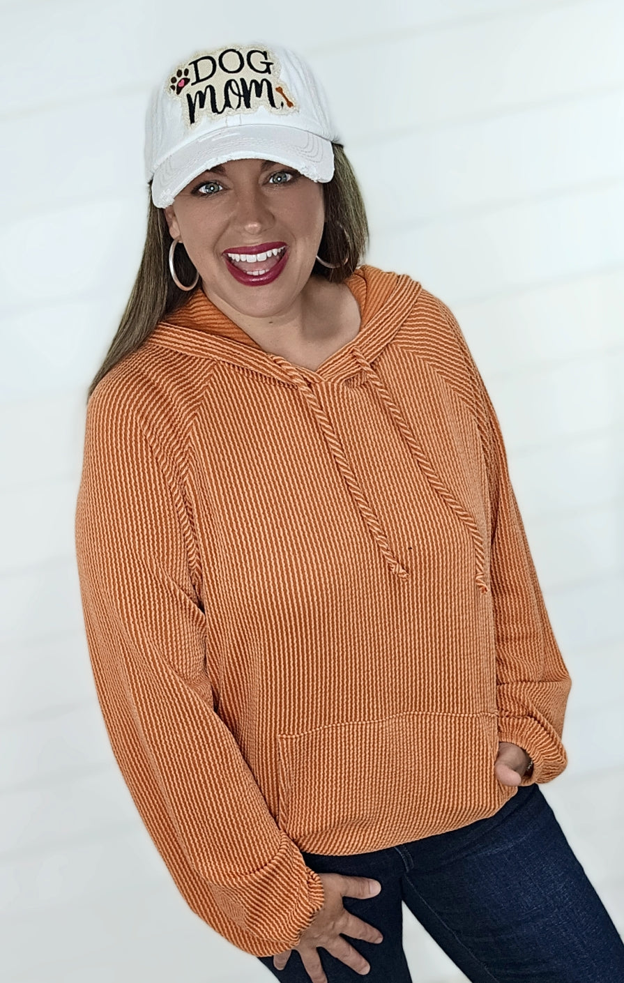 BURNT ORANGE RAISED RIBBED HOODIE