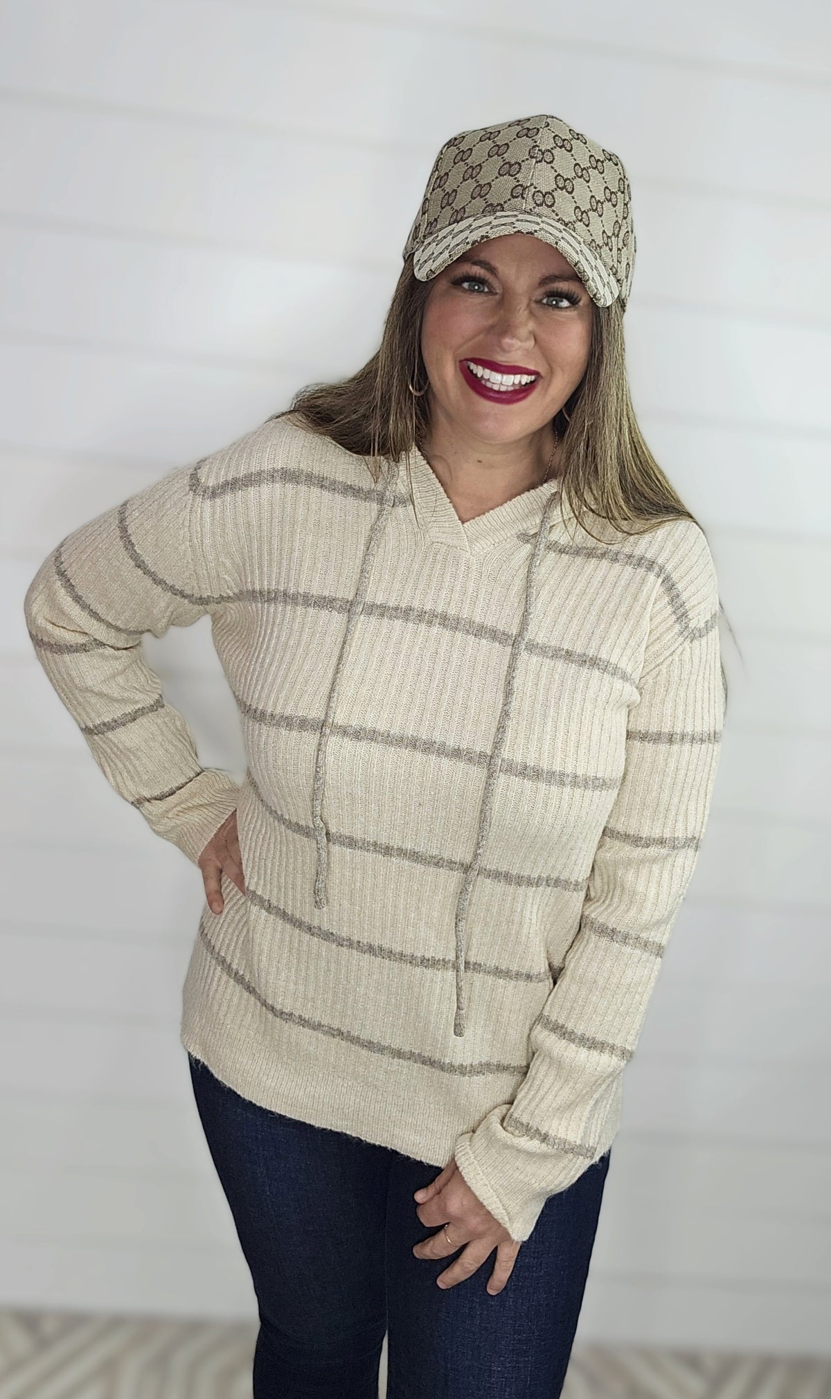 OATMEAL HOODED RIBBED STRIPED SWEATER PULLOVER