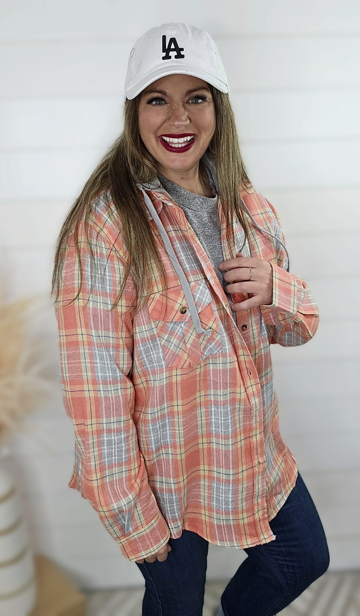 HOT CORAL/GREY PLAID BUTTON DOWN W/ REMOVEABLE HOOD