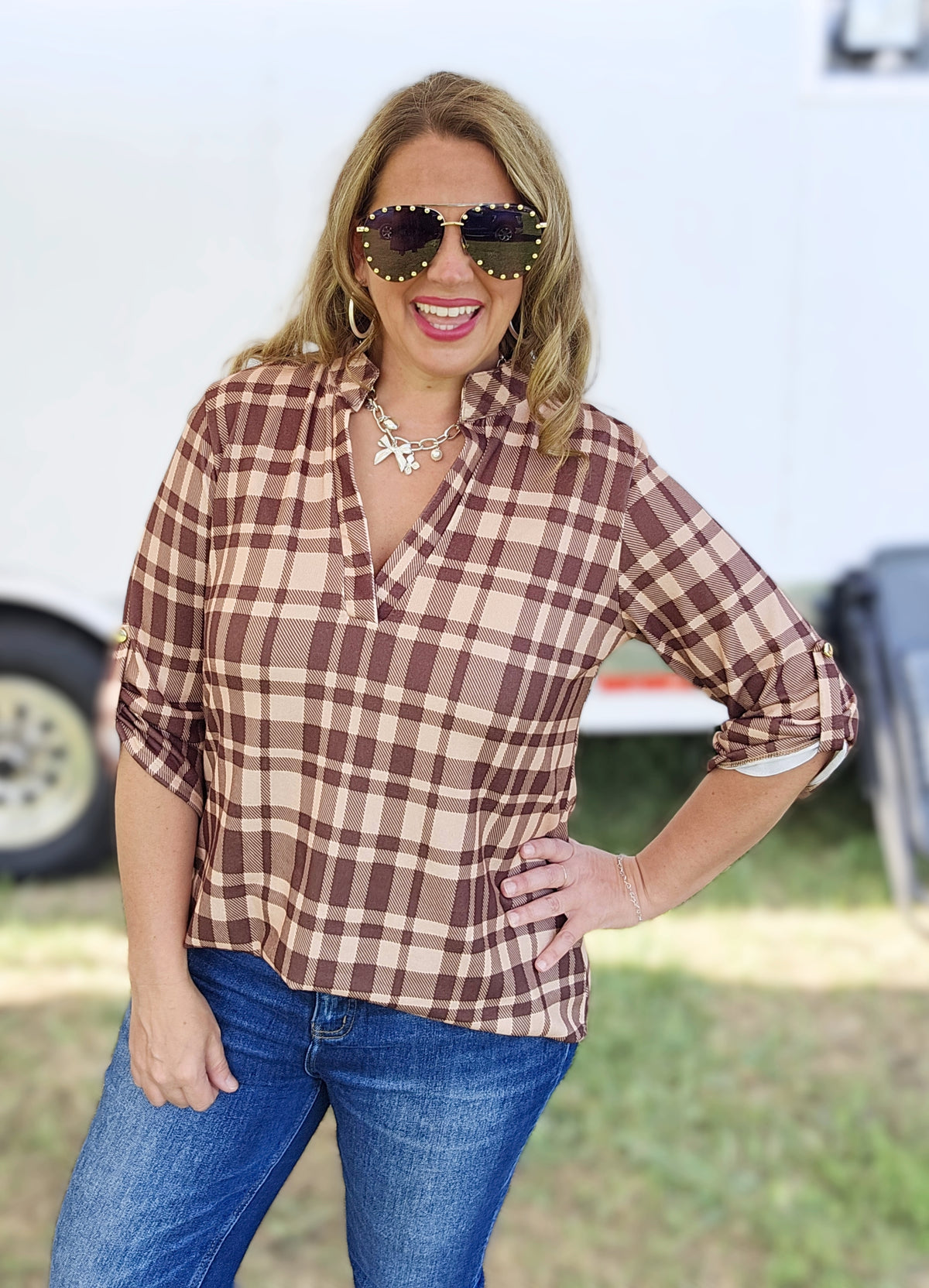 BROWN CHECK PLAID 3/4 SLEEVE KNIT TOP