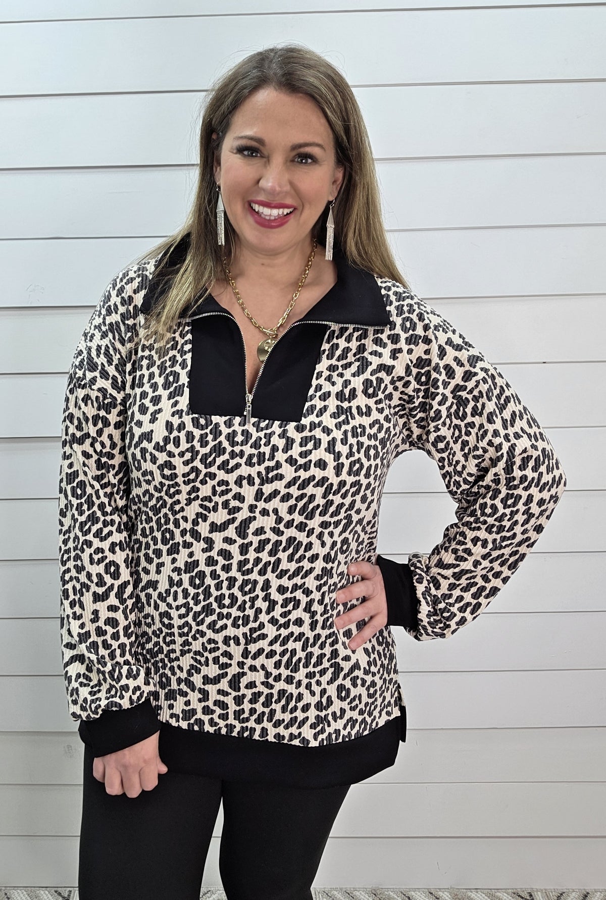 BEIGE/BLACK LEOPARD RAISED RIBBED QUARTER ZIP