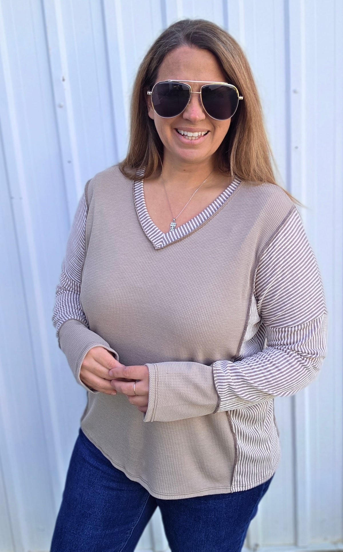 Taupe Waffle Contrast V Neck Knit Top