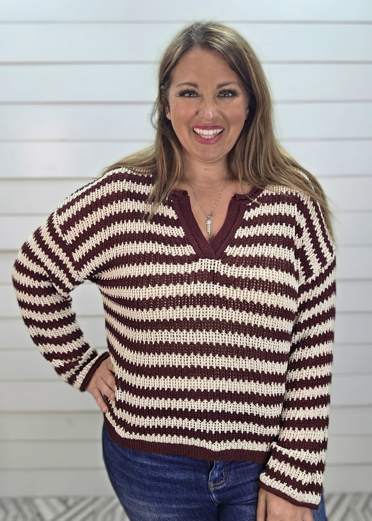 BURGUNDY Stripe Raw Edge Split Neck Sheer Knit Sweater
