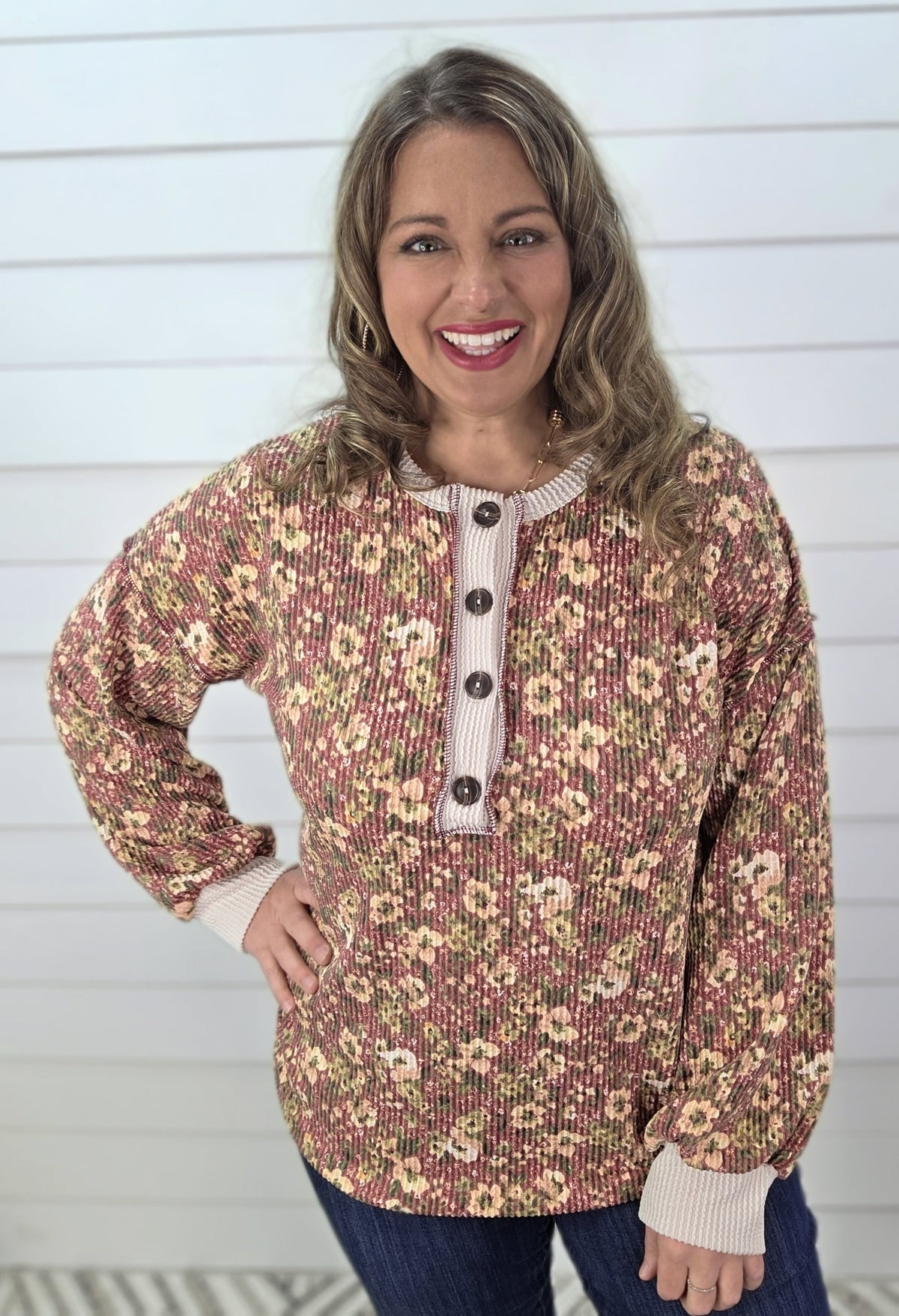 MARSALA FLORAL RAISED RIBBED HENLEY KNIT TOP