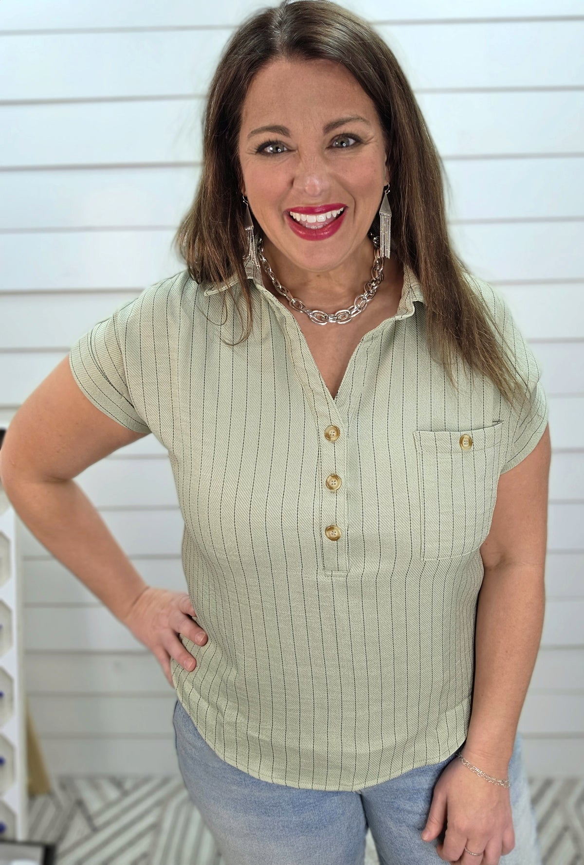 LIGHT OLIVE PINSTRIPED HALF BUTTON TOP