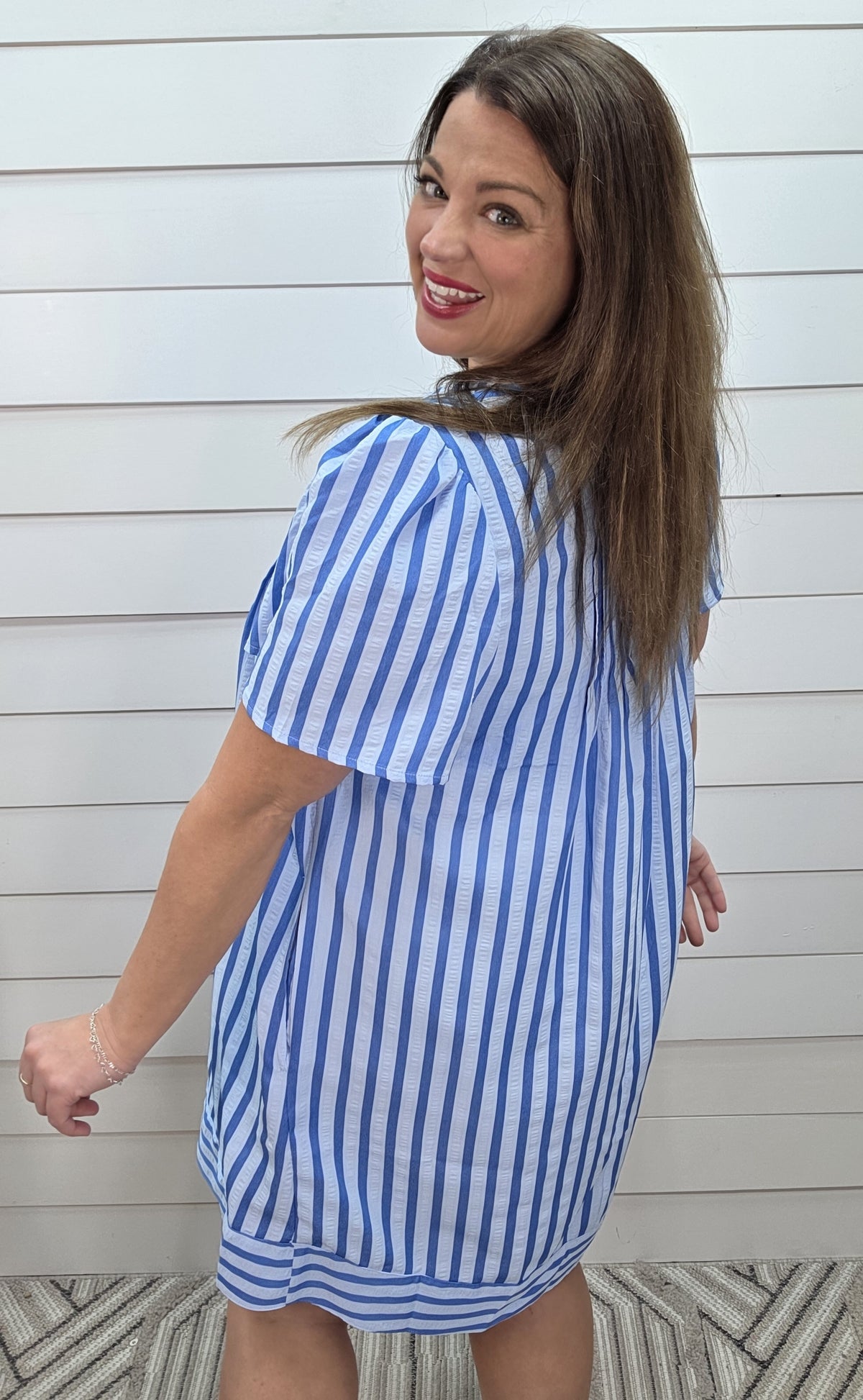 BLUE VERTICAL STRIPED PEASANT TIE DRESS W/ POCKETS