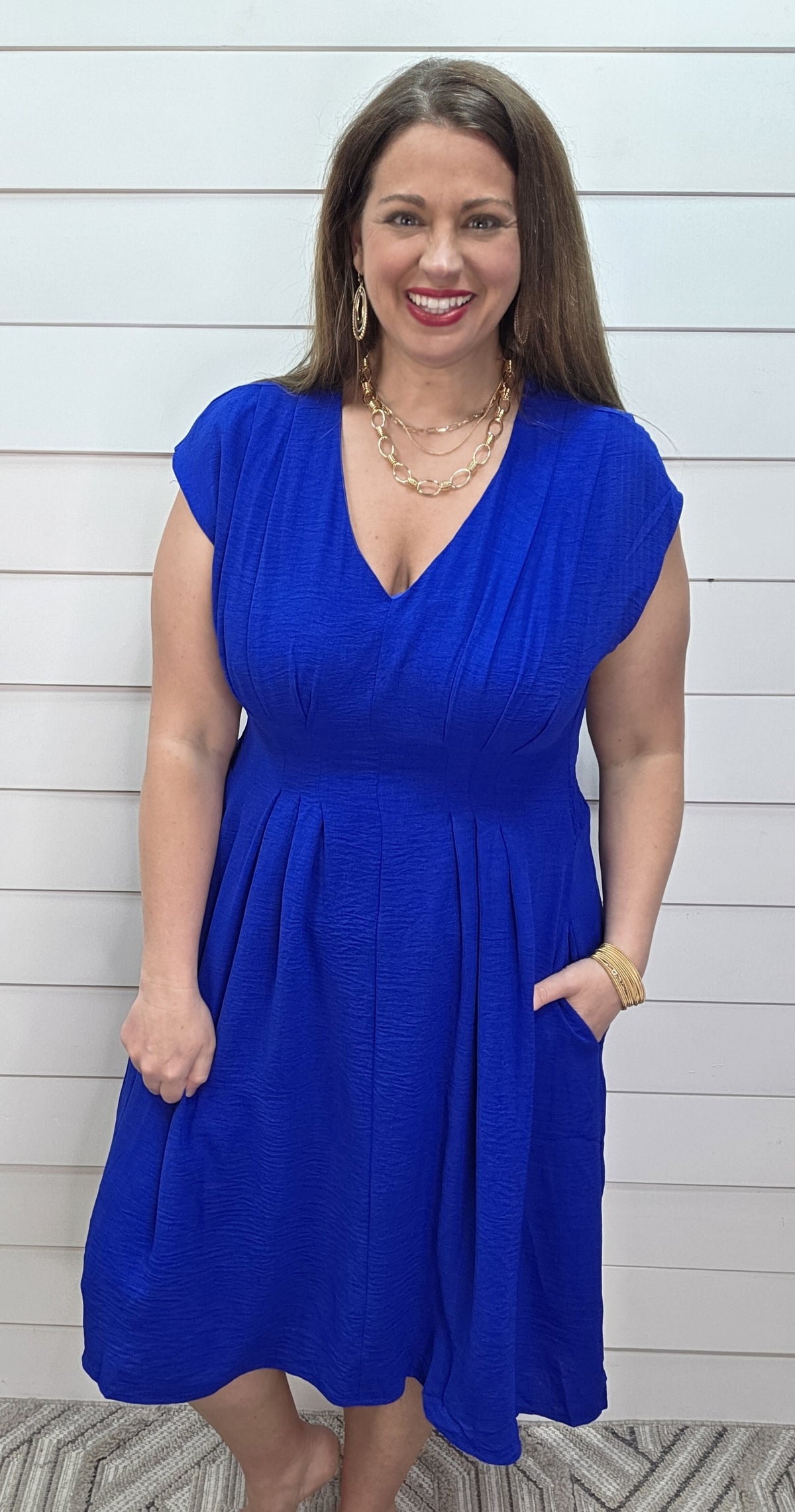 ROYAL BLUE V NECK PLEATED SMOCKED WAISTED CAP SLEEVE DRESS