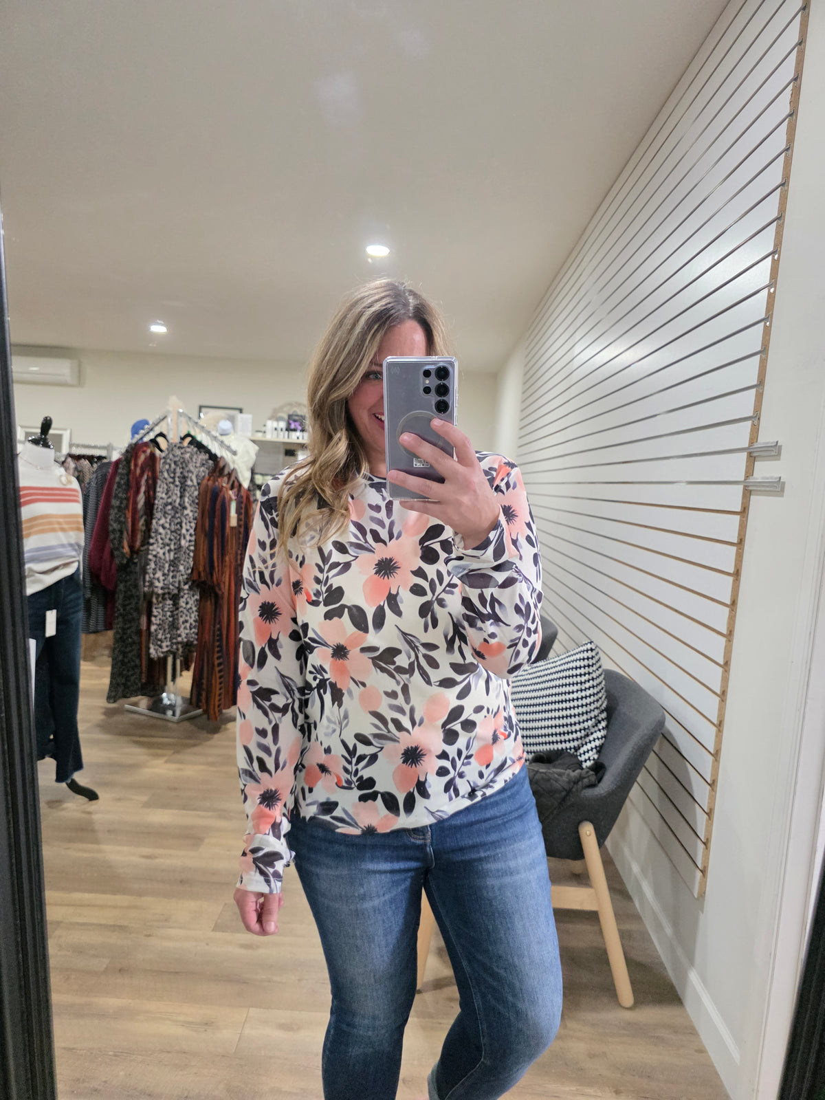 SHIRLEY AND STONE CORAL/FLORAL FLORAL MESH TOP