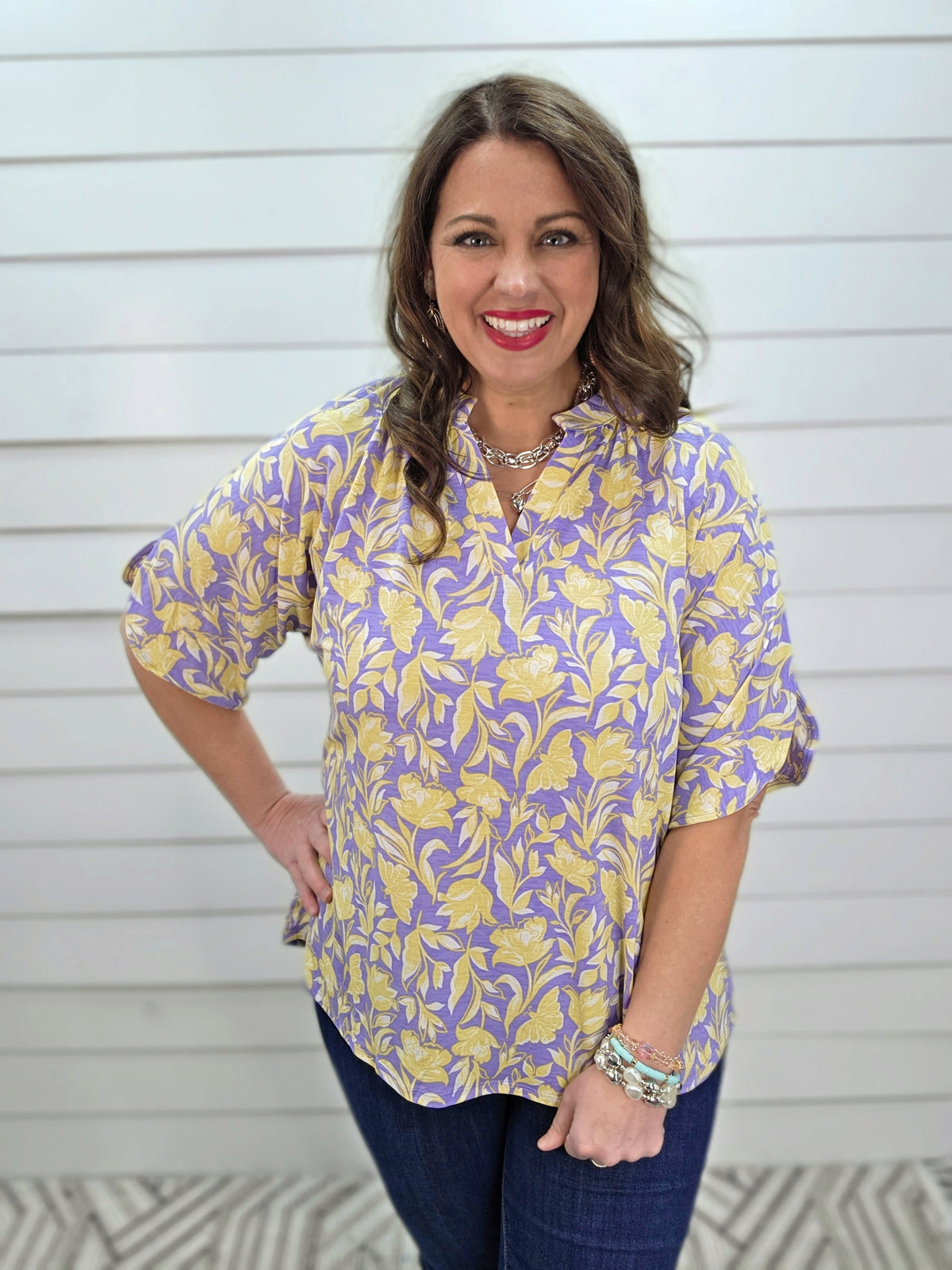 DEAR SCARLETT BREEZE SPLIT SLEEVE TOP - LILAC YELLOW FLORAL PRINT