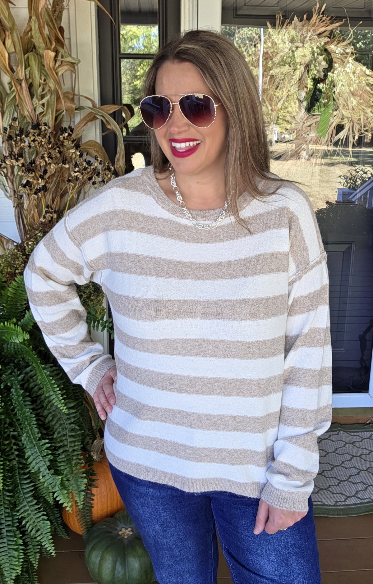 TAUPE STRIPED CREW NECK PULLOVER SWEATER