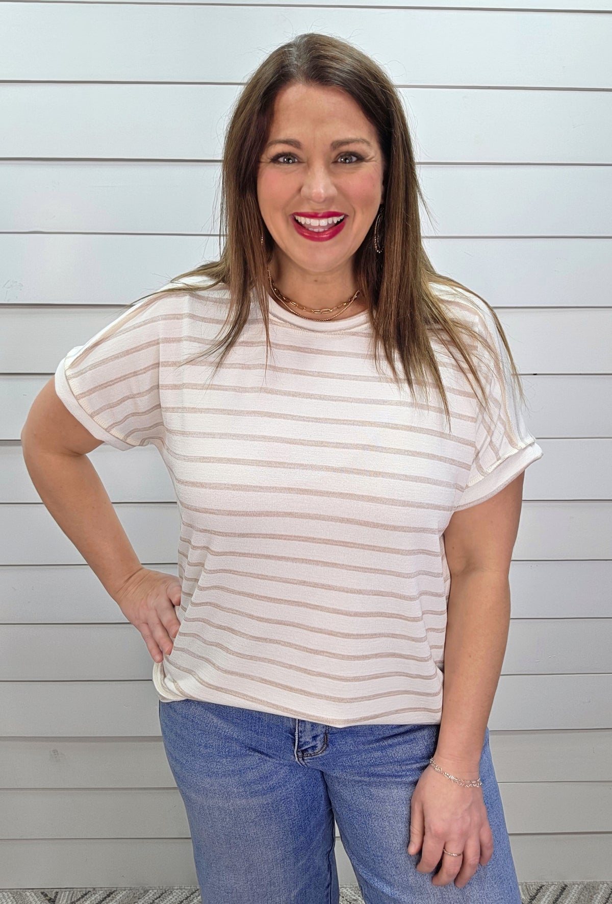 MOCHA/CREAM STRIPED KNIT SHORT SLEEVE TOP