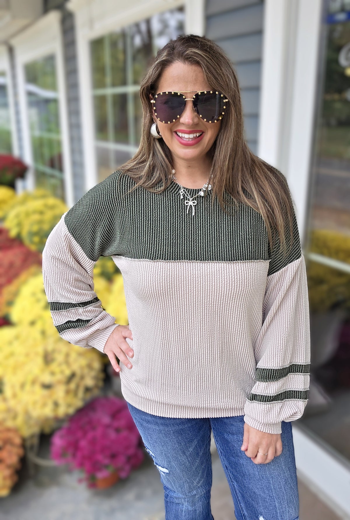 TAUPE/OLIVE RAISED RIBBED COLORBLOCK KNIT TOP