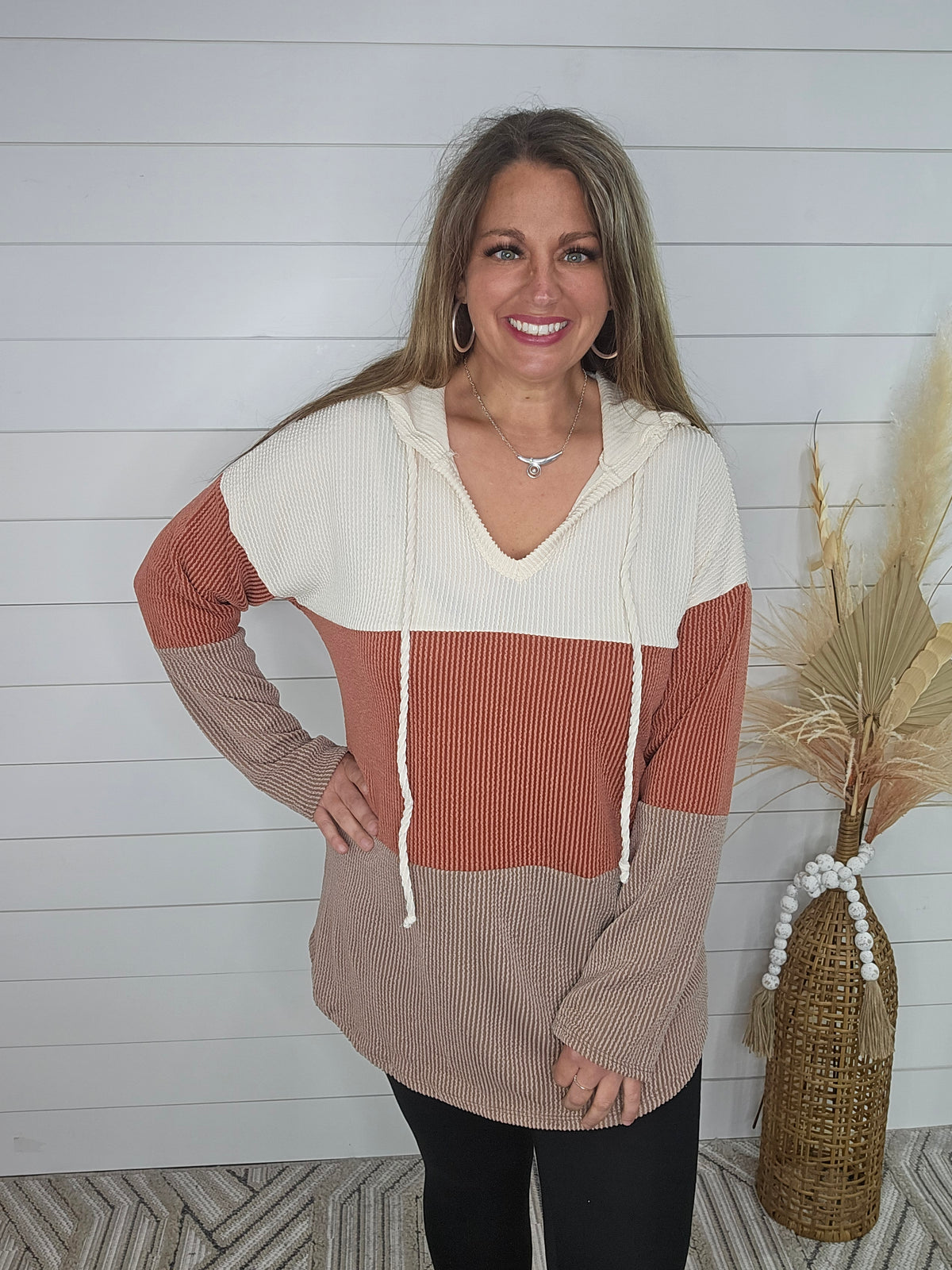 RIBBED COLORBLOCK HOODED TUNIC - OATMEAL/RUST/TAUPE