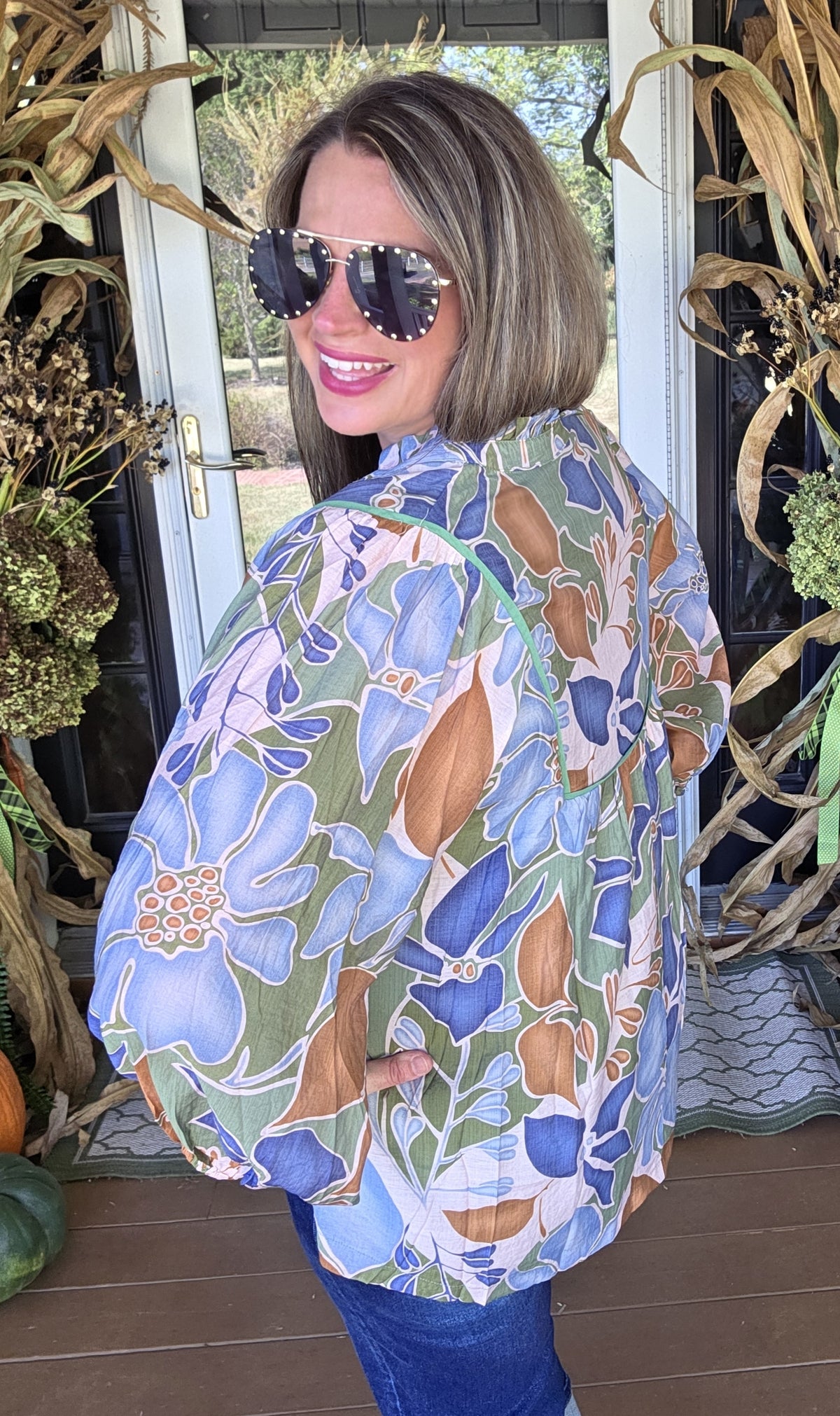 GREEN/MOCHA FLORAL MIX WOVEN 3/4 SLEEVE BLOUSE