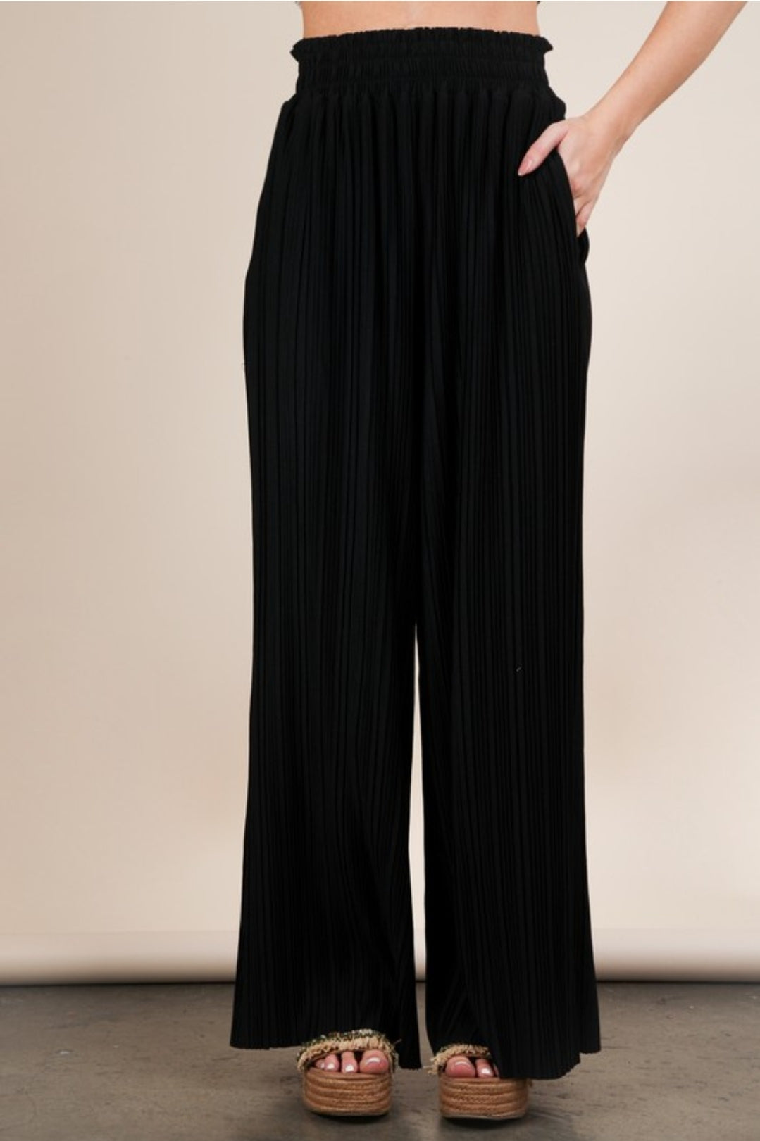 BLACK HI WASITED ELASTIC WAISTBAND PLEATED PANTS