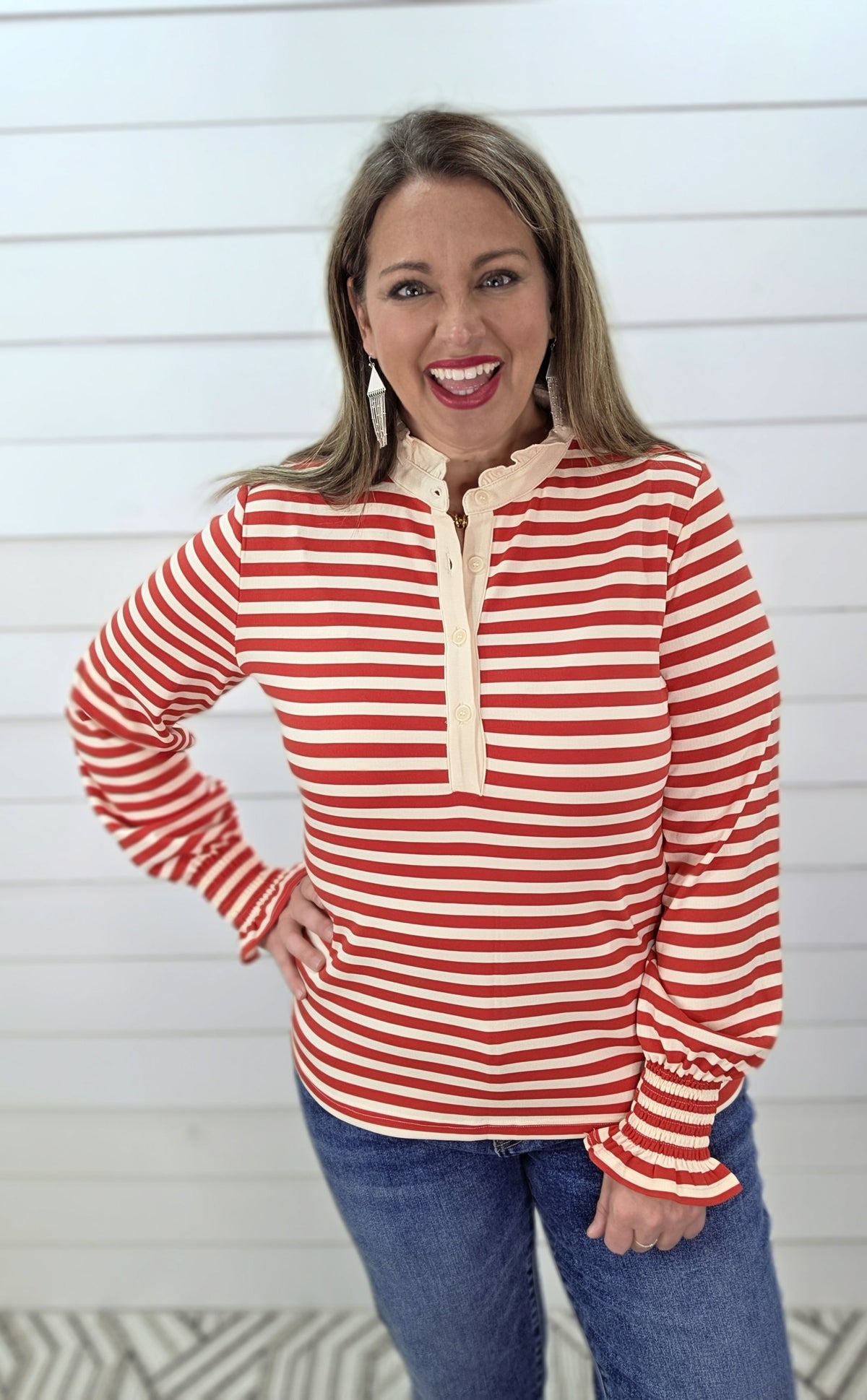 RED STRIPED HIGH NECK RUFFLE COLLAR TOP W/ SMOCKED SLEEVES