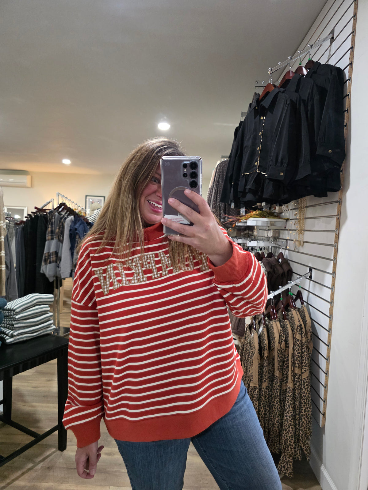 RUST PUMPKIN EMBROIDERED STRIPED With Ribbed Cuffs And Hemline Stripe