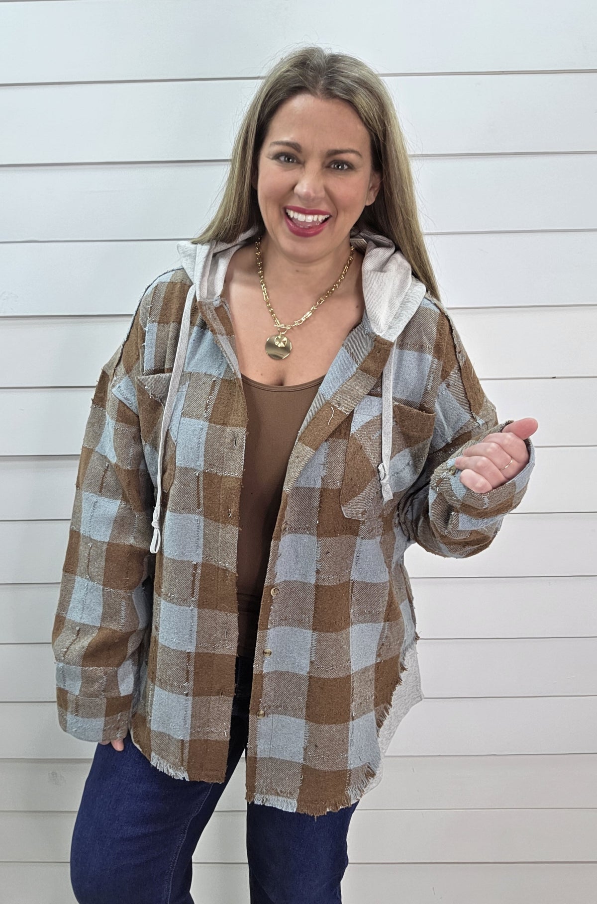 BLUE/MOCHA PLAID BUTTON DOWN HOODED SHACKET