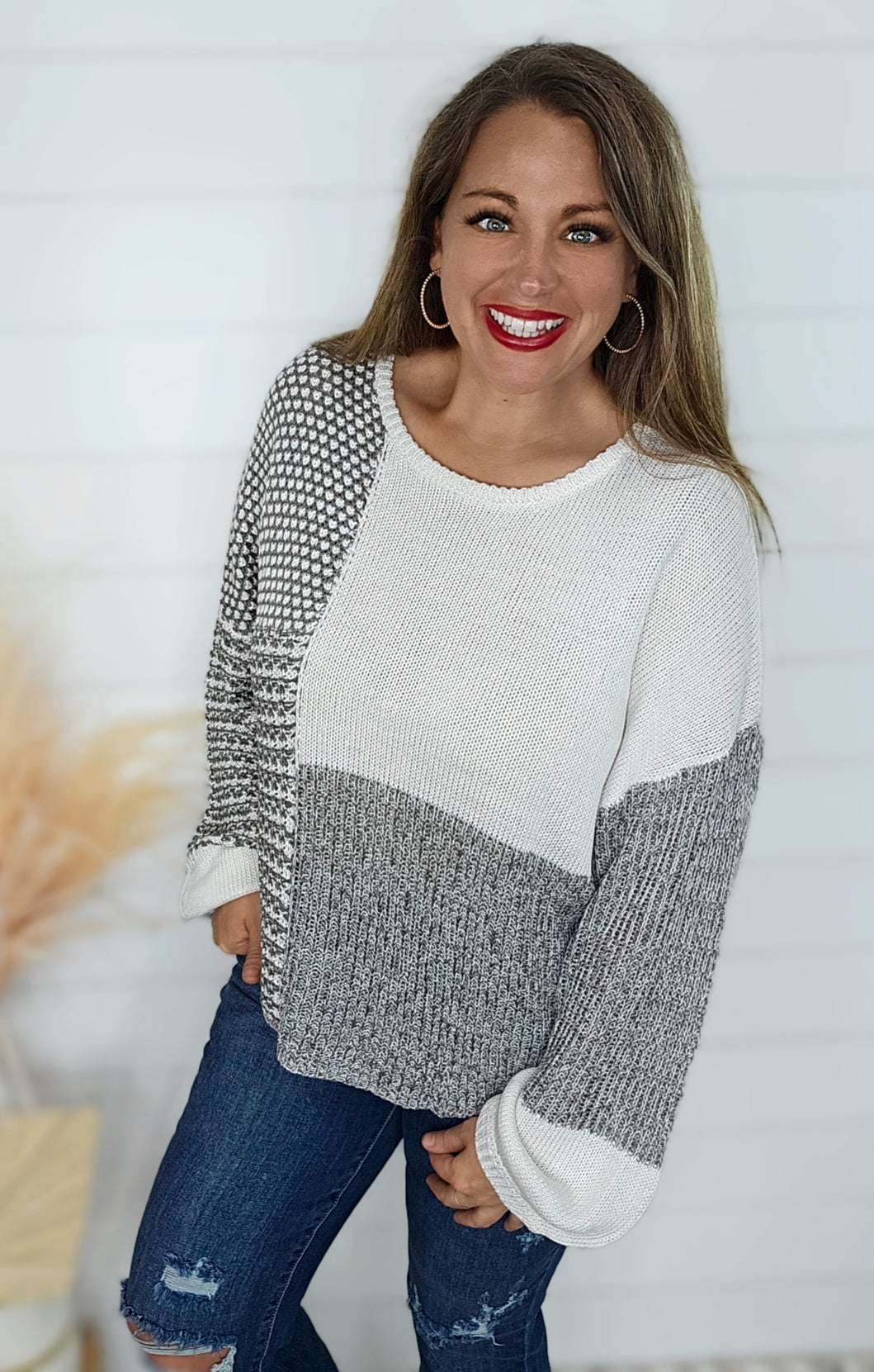 GREY MULTI BLOCK TIE BACK SWEATER