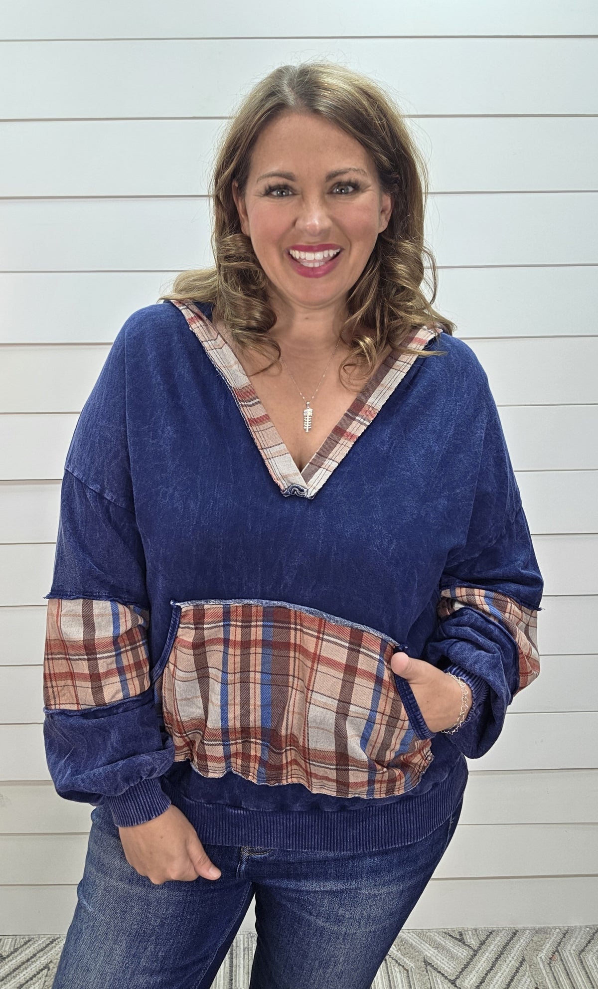 Navy Mineral Wash Plaid Kangaroo Pocket Hoodie