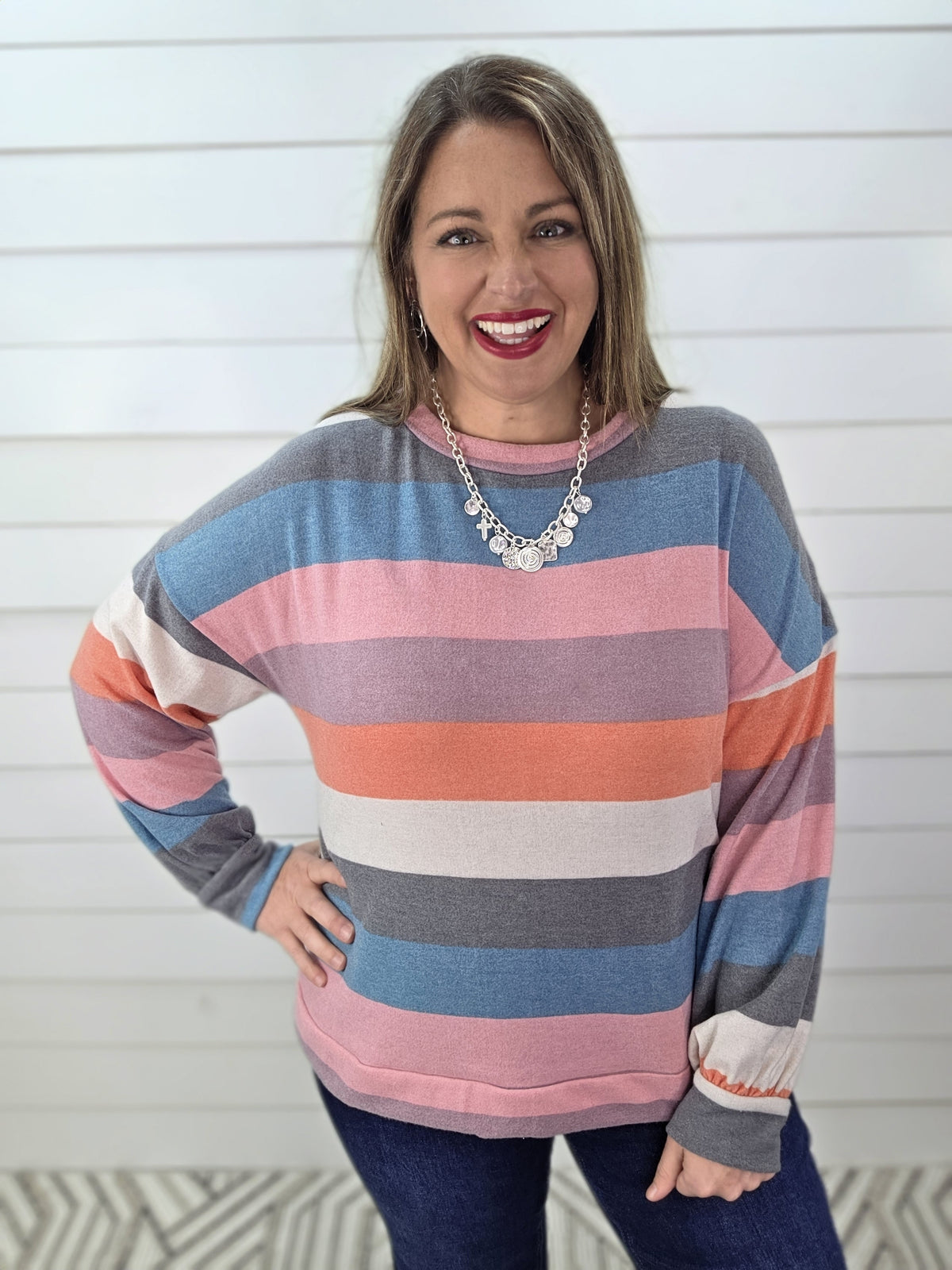 MULTI STRIPED BRUSHED KNIT TOP