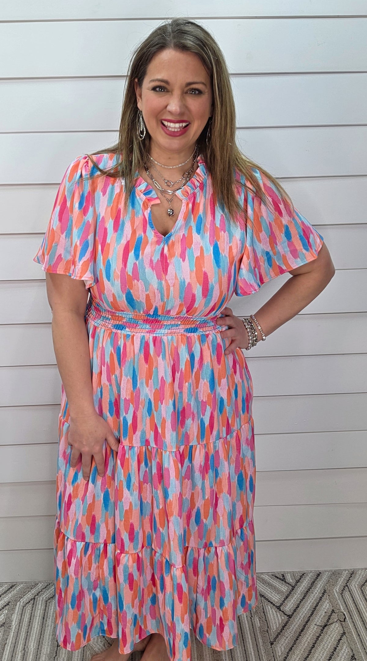 FUCHSIA/MINT BRUSH STROKE SMOCKED WAIST LONG DRESS