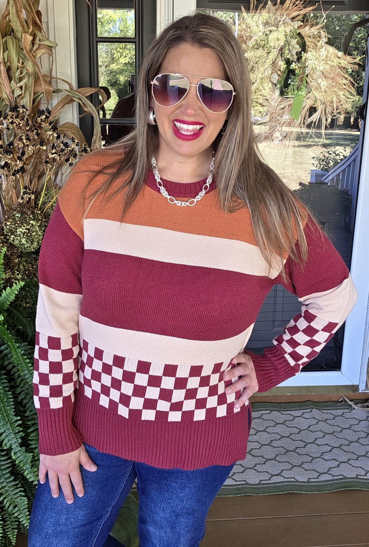 RUST CHECKERED COLORBLOCK KNIT SOFT SWEATER