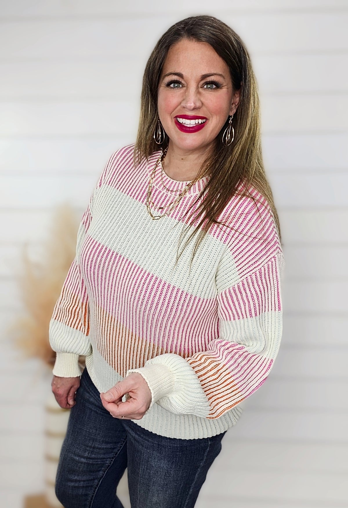 PINK COLORBLOCK TEXTURED KNIT SWEATER