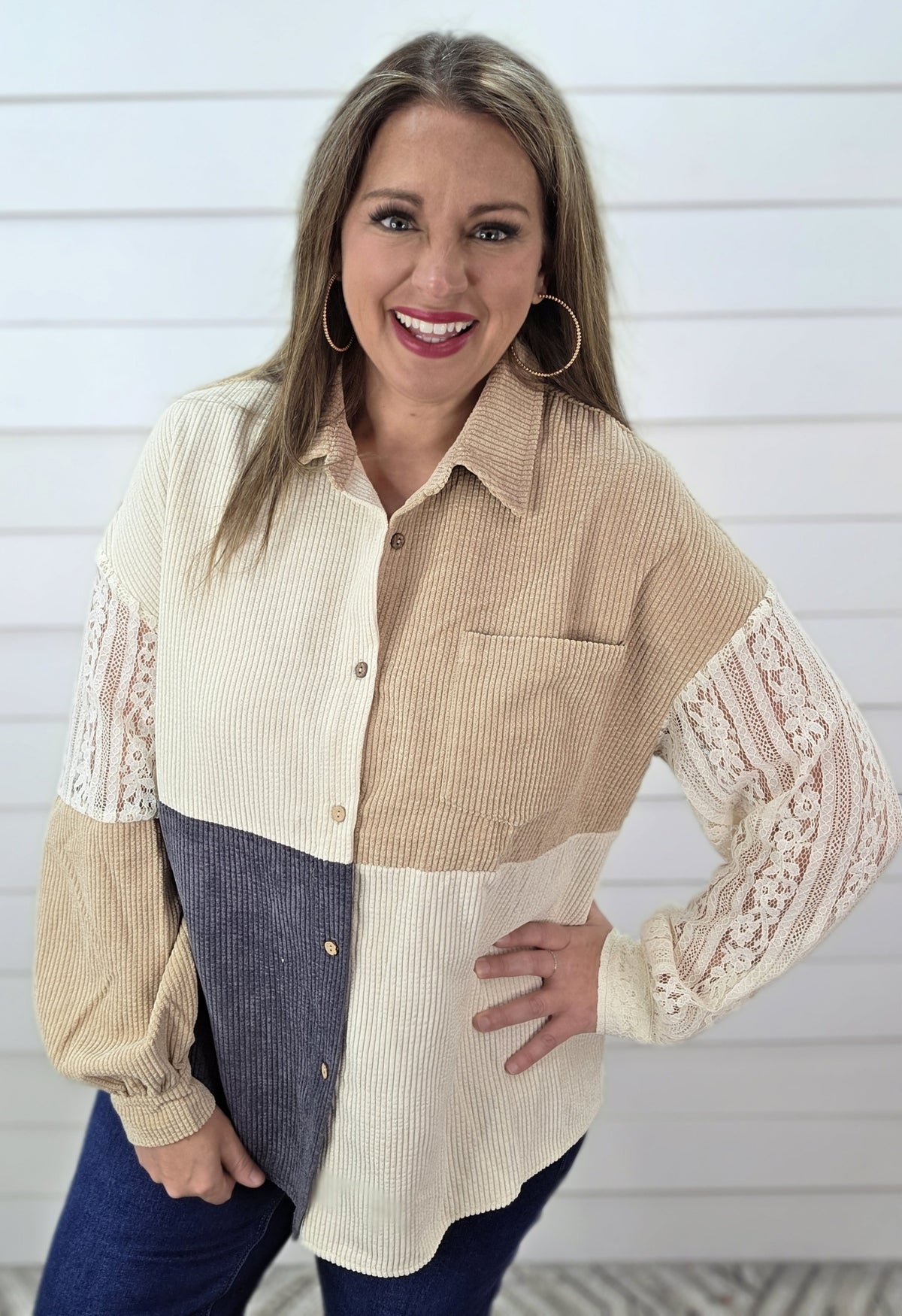 TAUPE/BEIGE/CHARCOAL CORDED/LACE BUTTON UP TOP