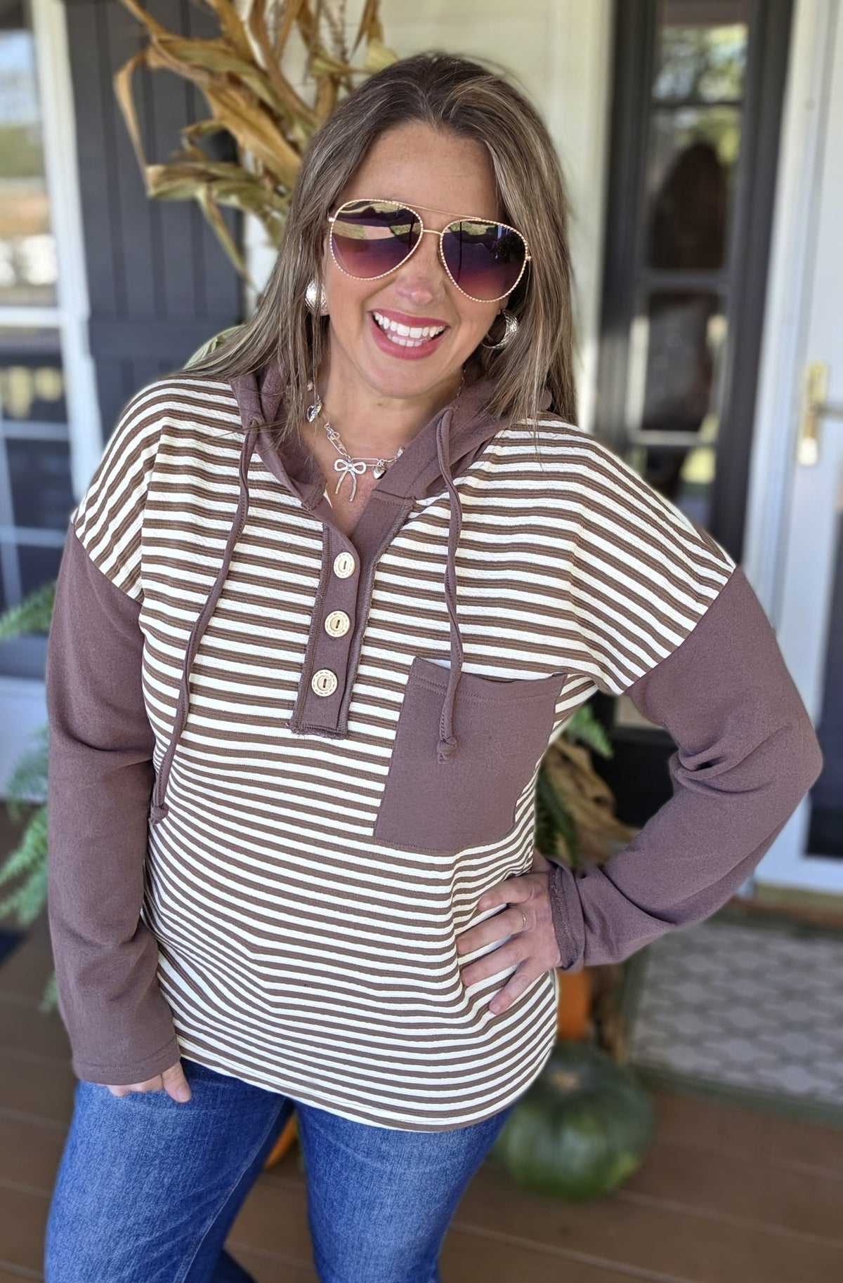 BROWN STRIPED CONTRAST KNIT BUTTON TRIM HOODIE