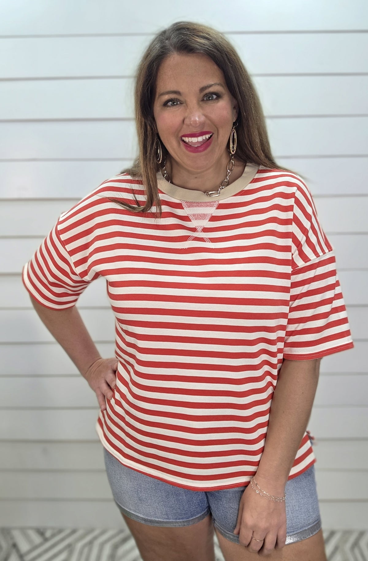 RED/CREAM STRIPED FENCH TERRY KNIT TOP W/ SAND NECKLINE