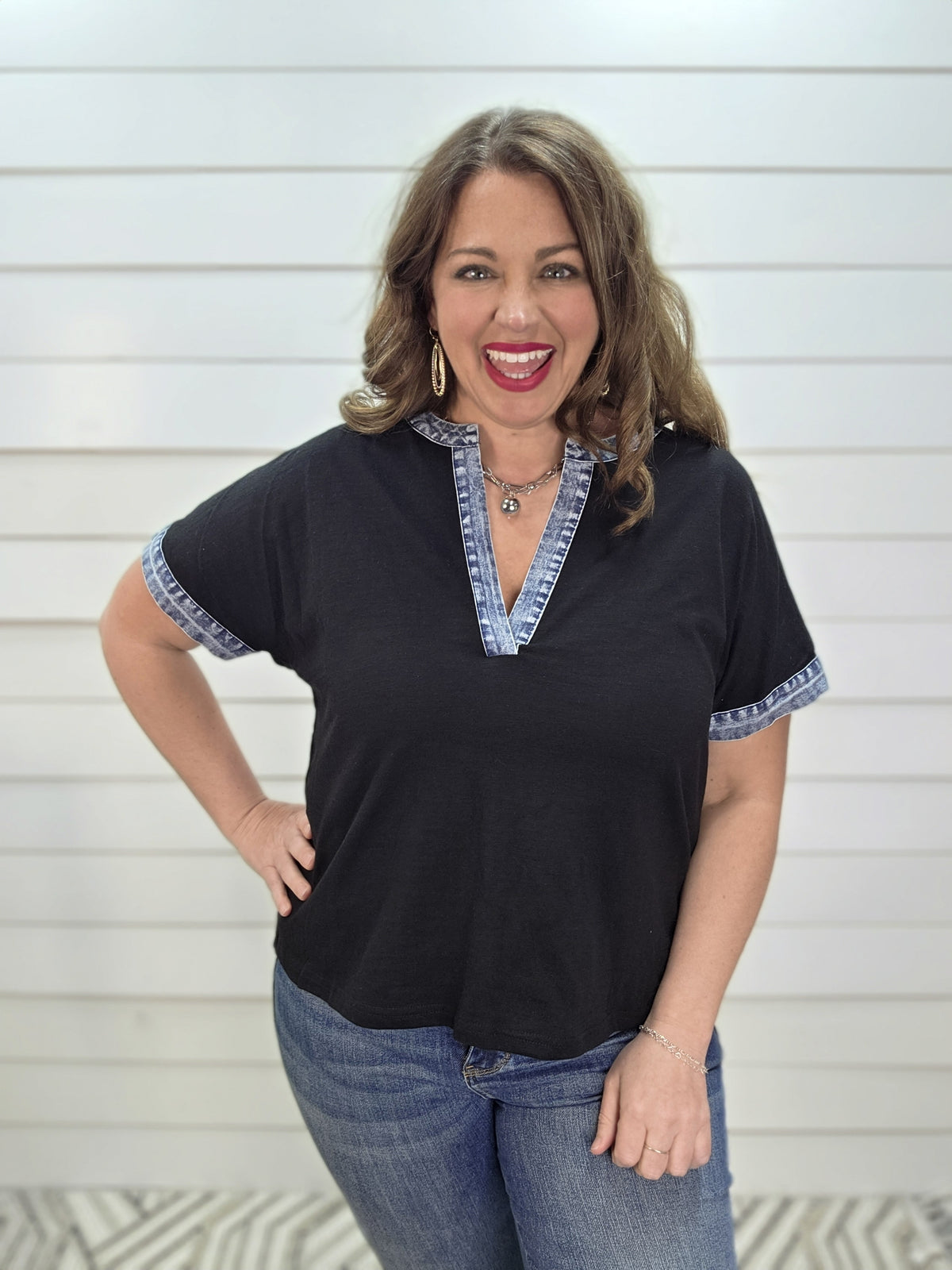 BLACK/DENIM CONTRAST KNIT TOP