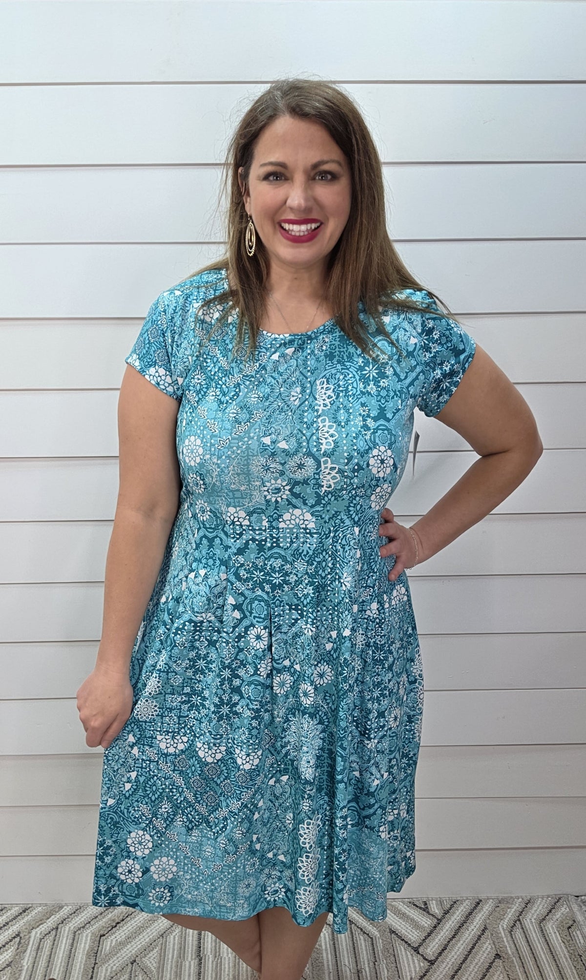 TEAL/WHITE FLORAL PLEATED SKIRT DRESS