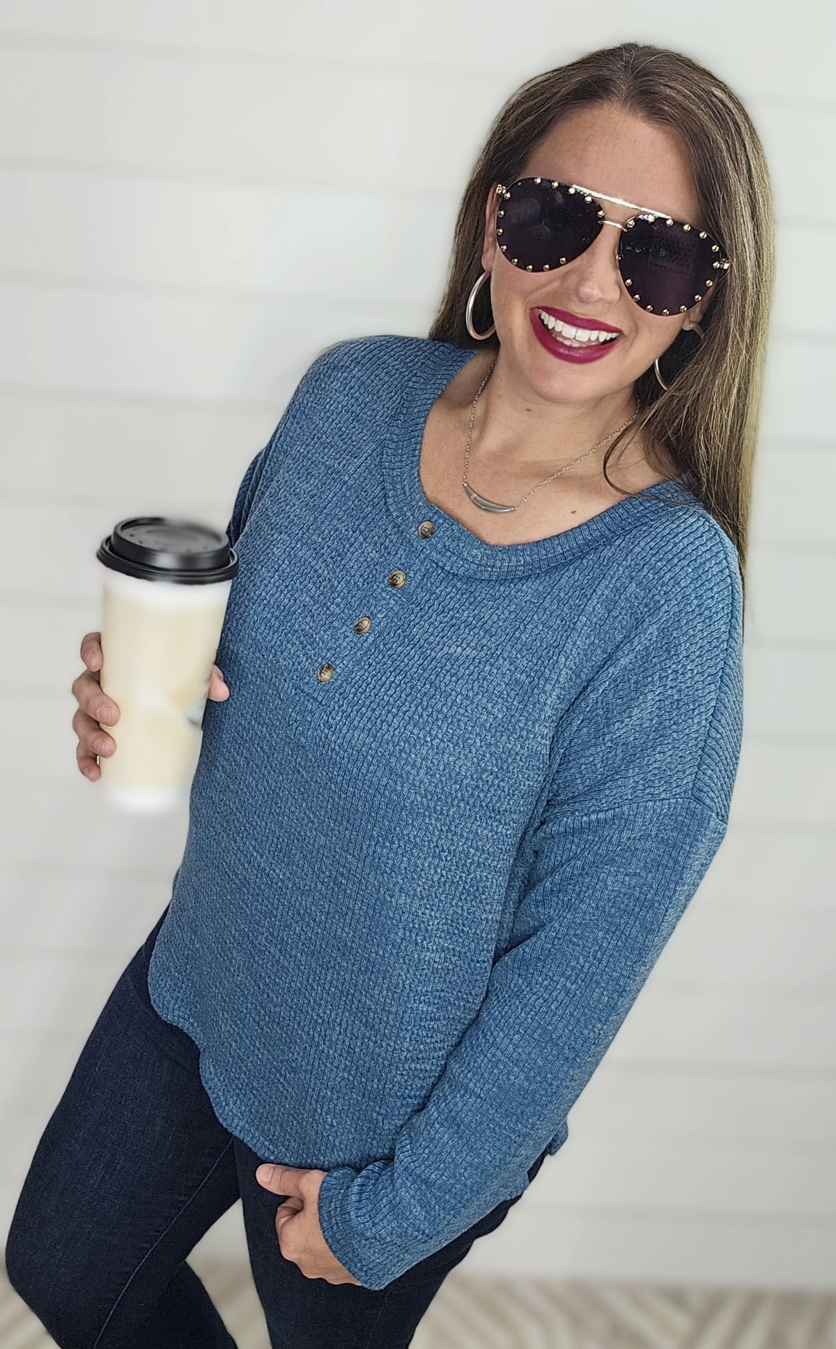 DUSTY TEAL TEXTURED HENLEY LONG SLEEVE KNIT TOP