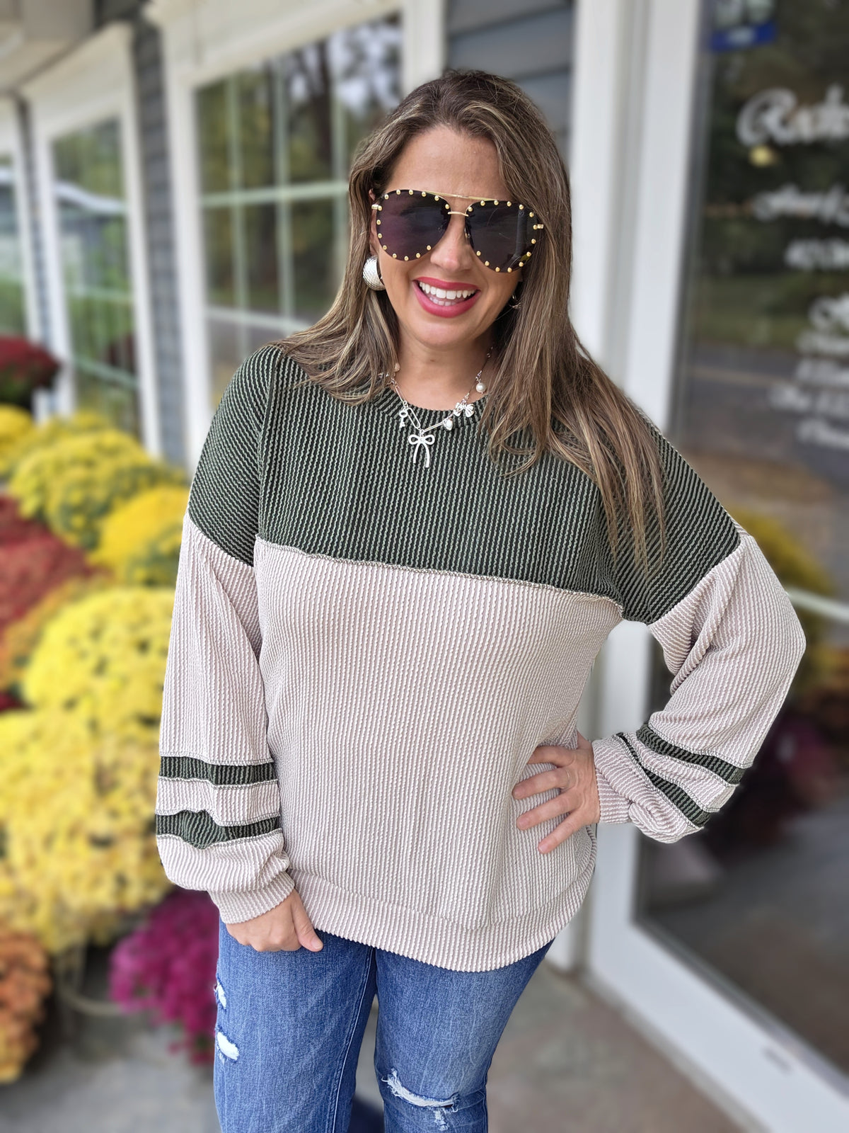 TAUPE/OLIVE RAISED RIBBED COLORBLOCK KNIT TOP