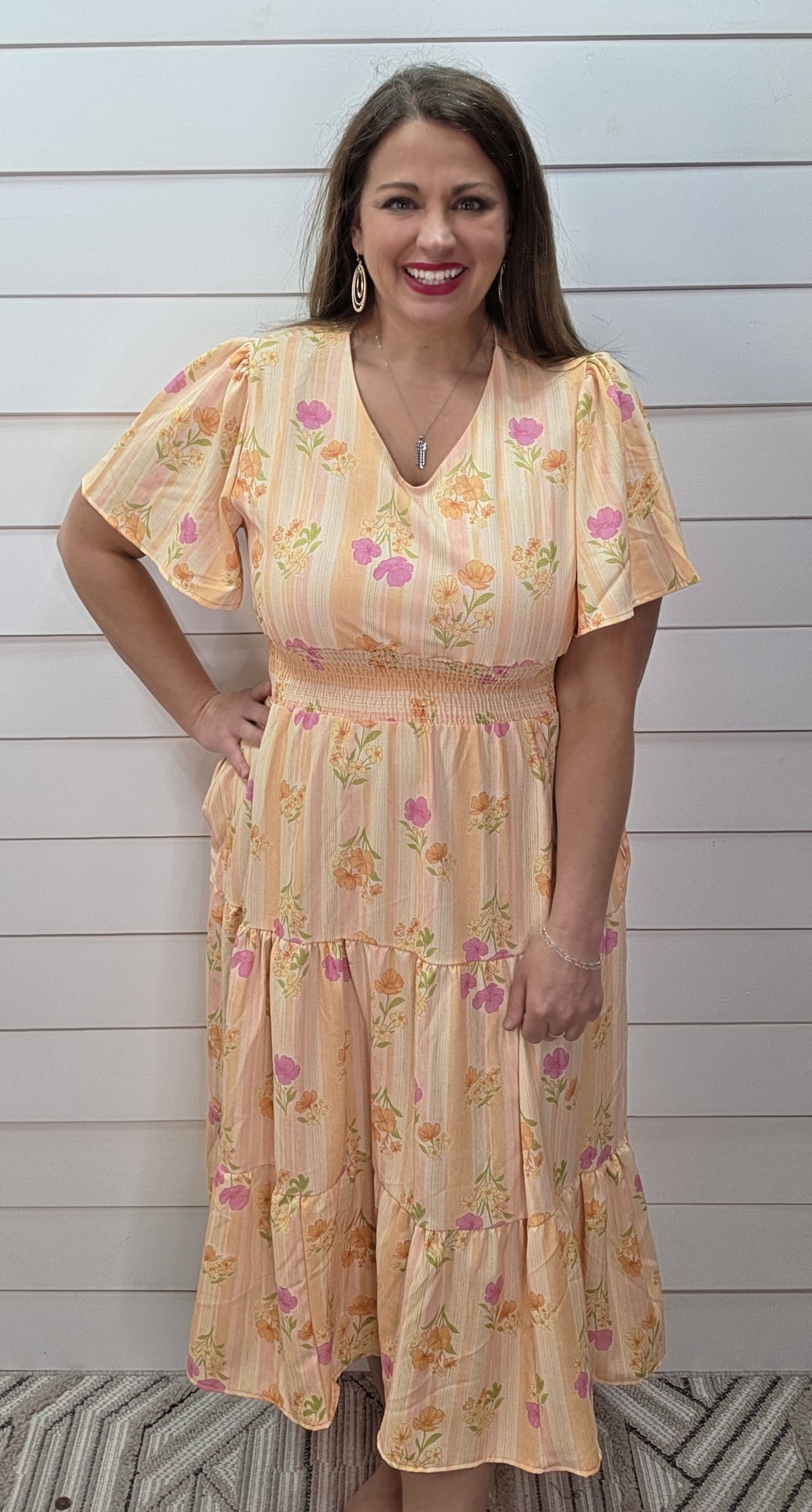 PEACH STRIPED/FLORAL ELASTIC WAIST V NECK LONG DRESS