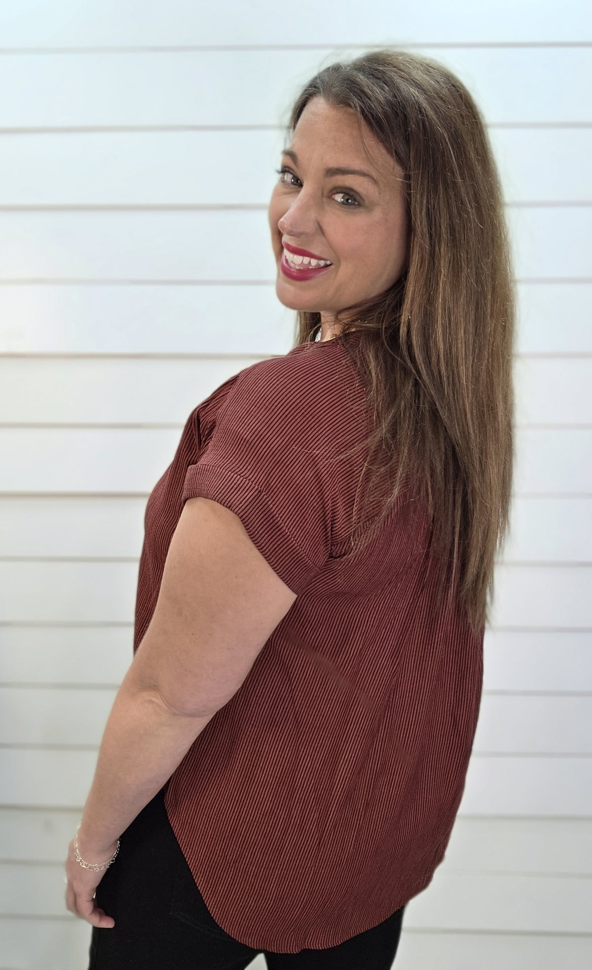 BURGUNDY PIN STRIPED BUTTON DOWN WOVEN TOP