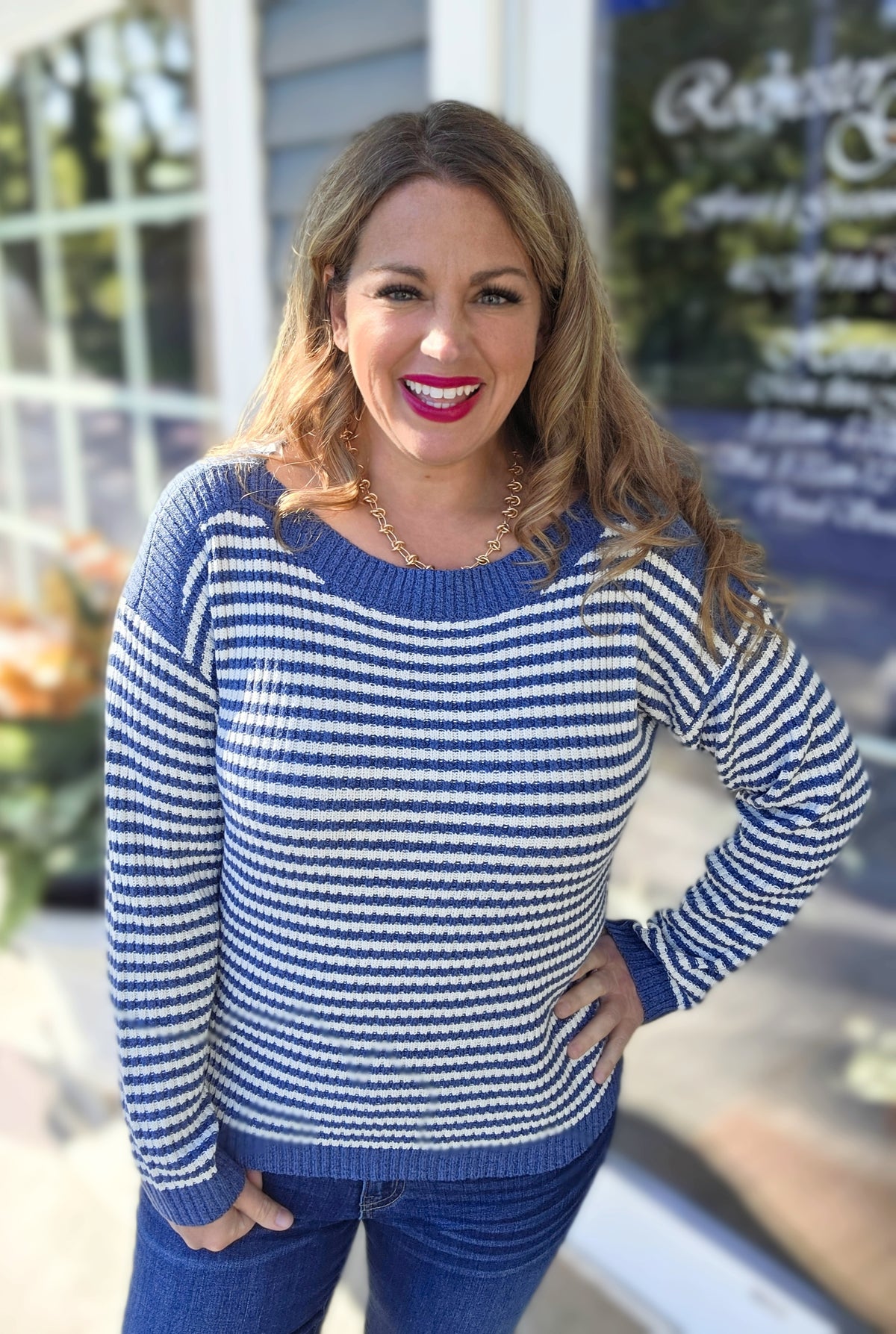 DENIM STRIPED BOAT NECK PULLOVER SWEATER