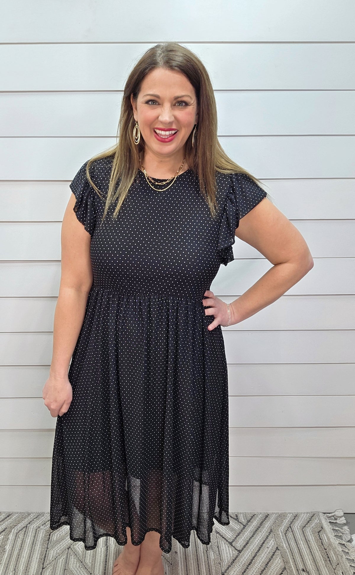 BLACK POLKA DOT MESH OVERLAY DRESS