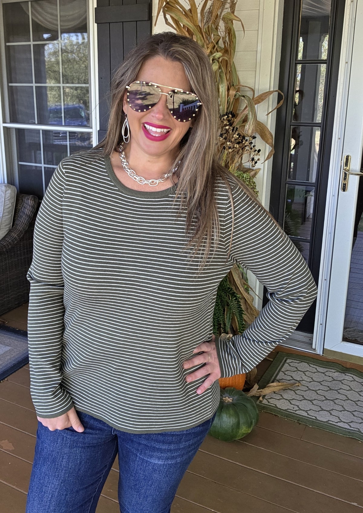 DARK OLIVE PINSTRIPE PULLOVER SWEATER