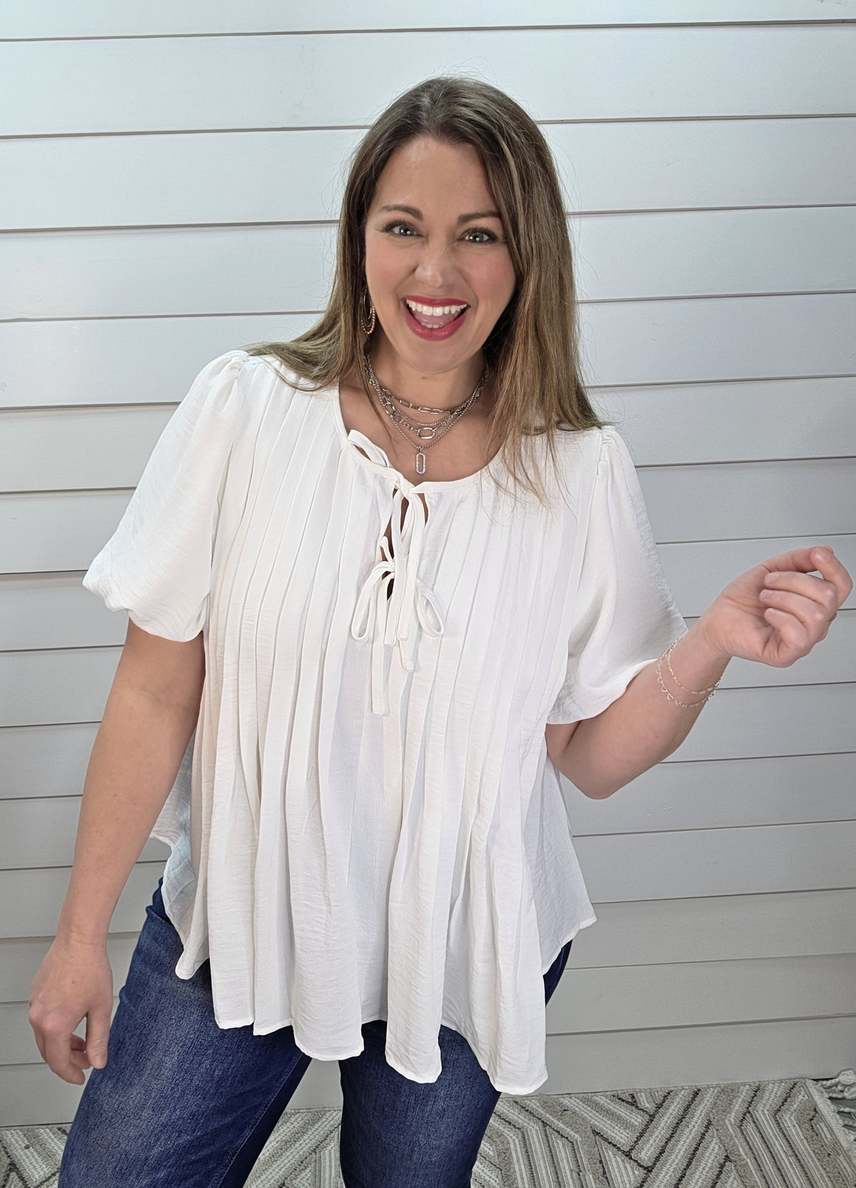 IVORY SCOOP NECK PLEATED TIE DETAIL WOVEN TOP