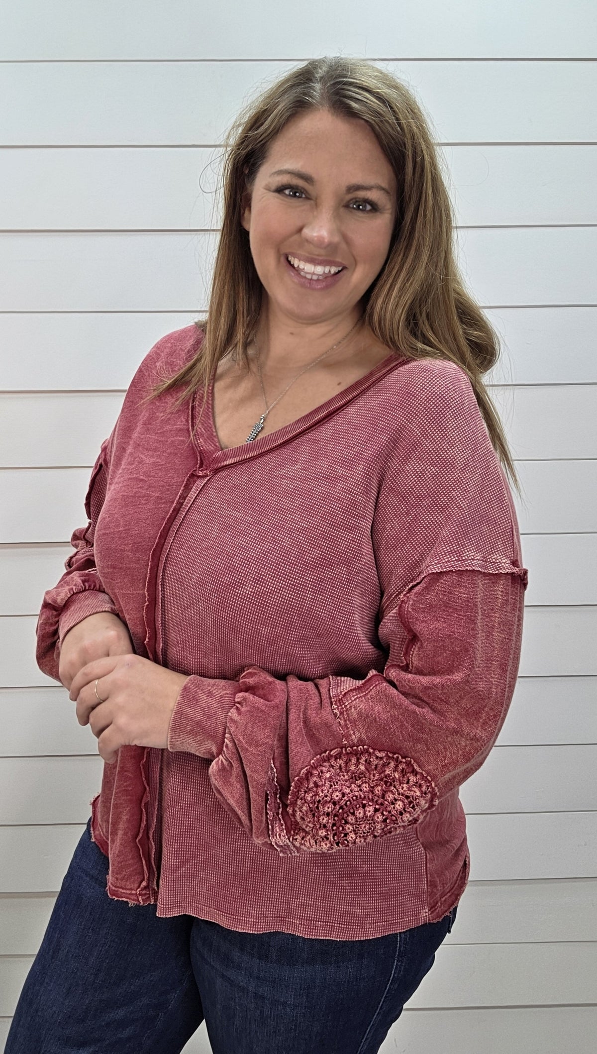 BURGUNDY Mineral Washed Doily V neck KNIT TOP