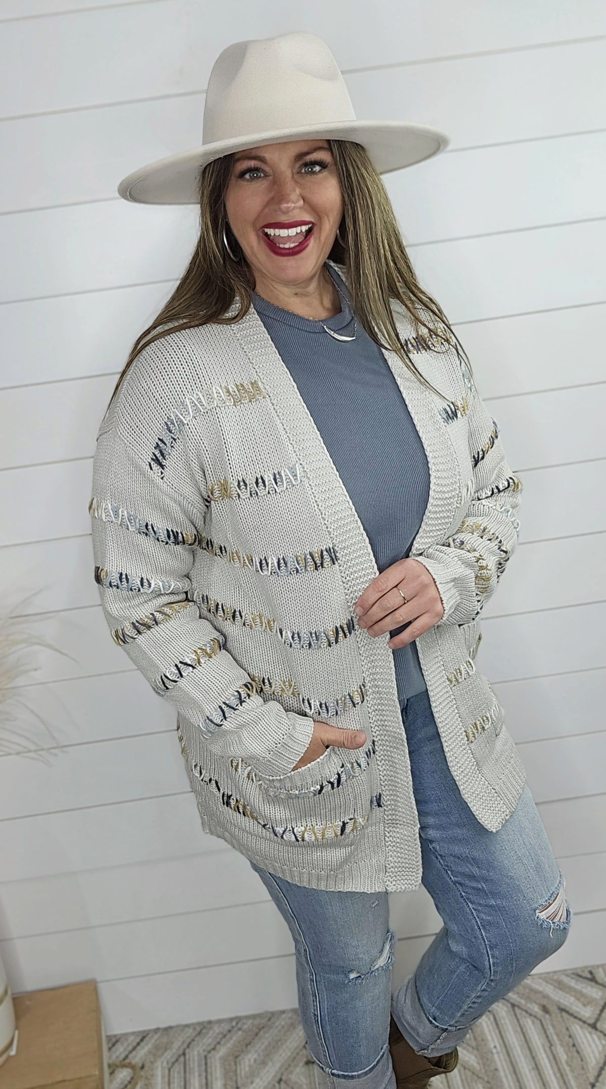 GREY MULTI COLOR STITCH STRIPED OPEN KNIT CARDIGAN