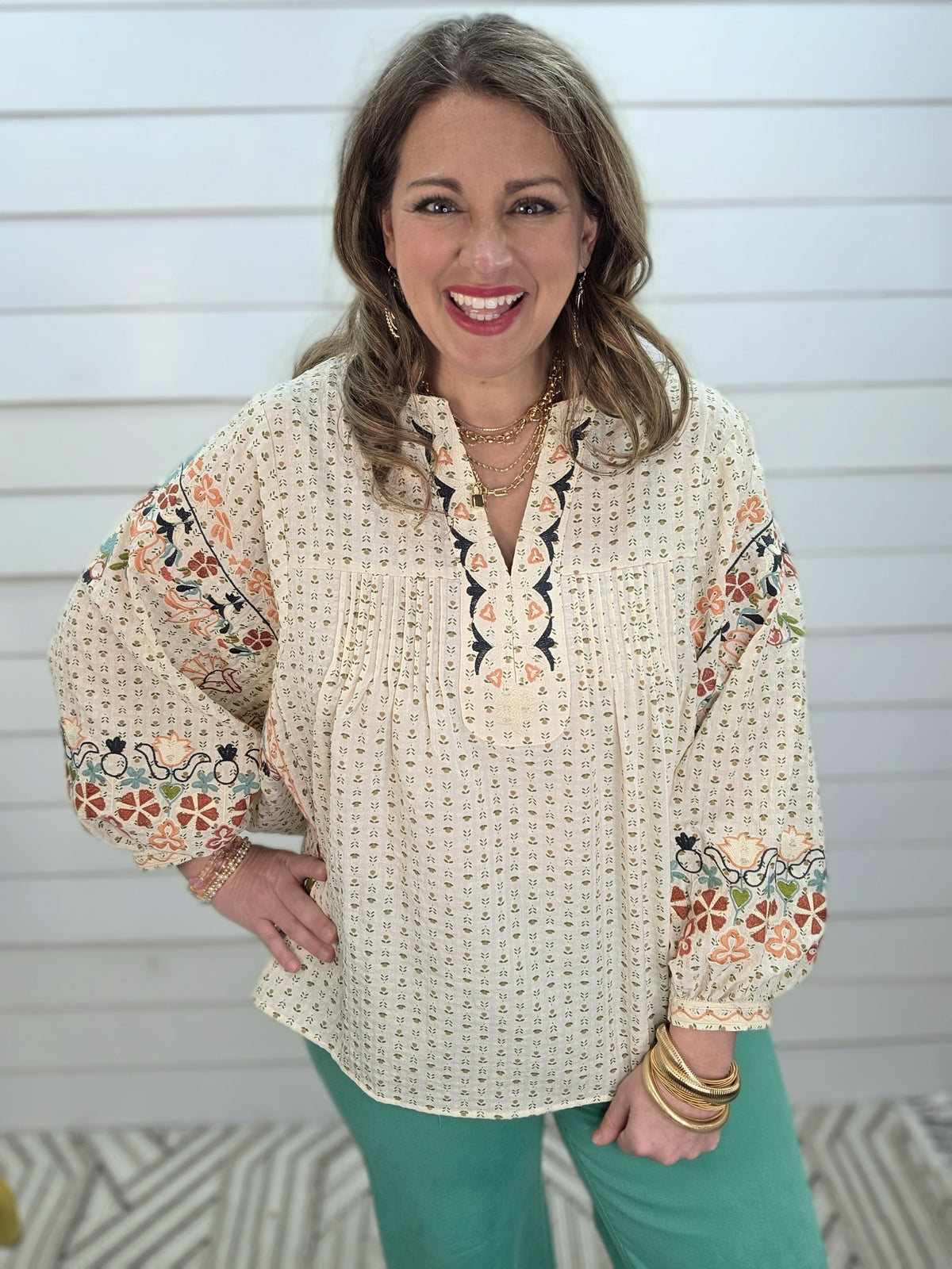OATMEAL DOLMAN OVERSIZED FLORAL EMBROIDERED V NECK TOP