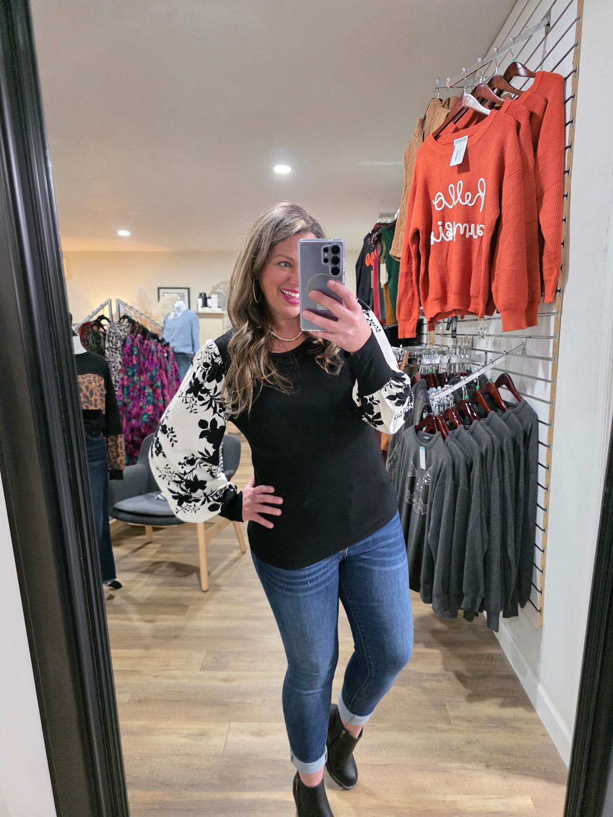 BLACK FLORAL JACQUARD CONTRAST SLEEVE KNIT TOP