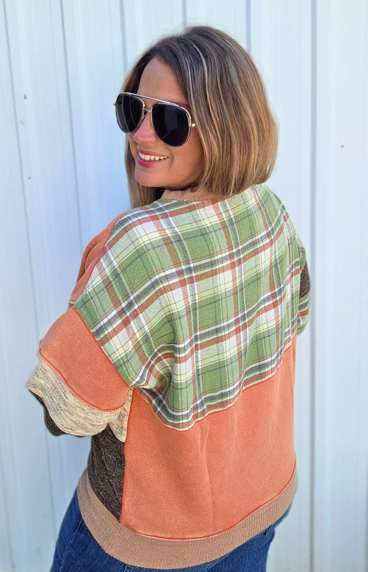 RUST MIX FABRIC/PLAID PULLOVER