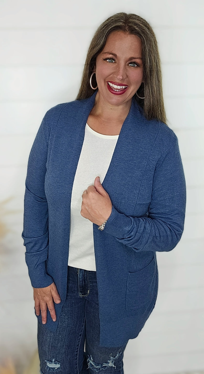 HEATHERED BLUEJAY ULTRA SOFT POCKET OPEN FRONT CARDIGAN