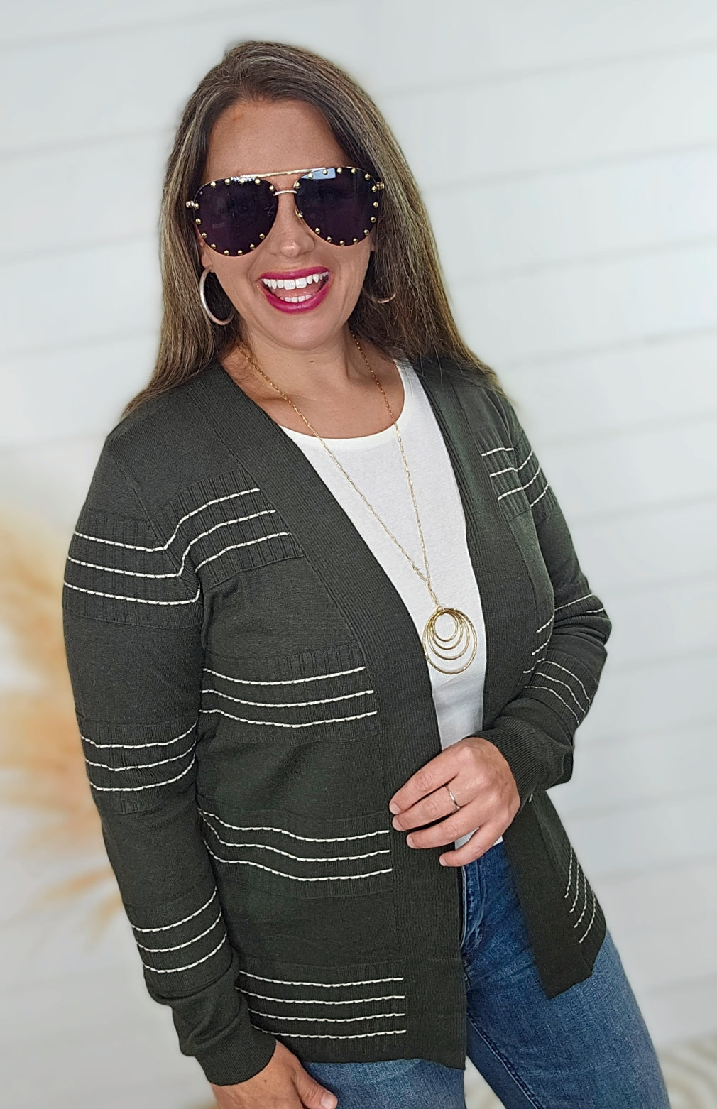 DARK OLIVE STITCH STRIPED OPEN FRONT CARDIGAN