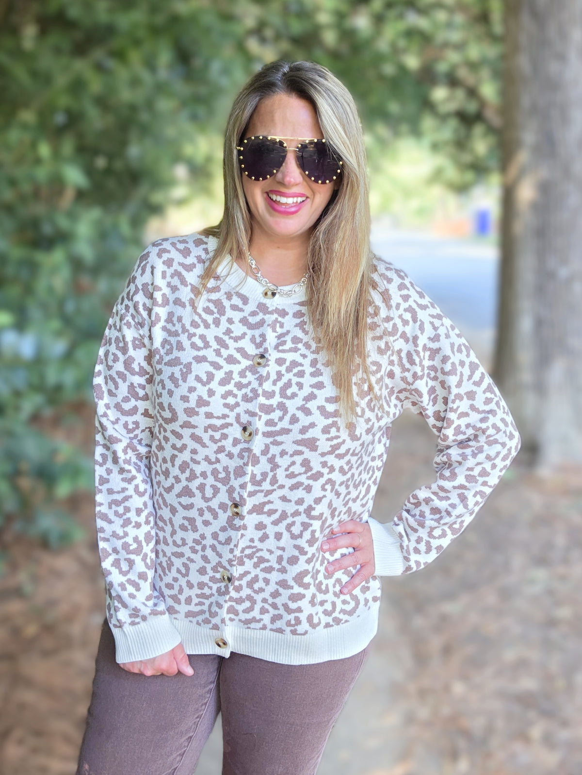 BROWN/CREAM ANIMAL PRINT BUTTON DOWN SWEATER CARDIGAN