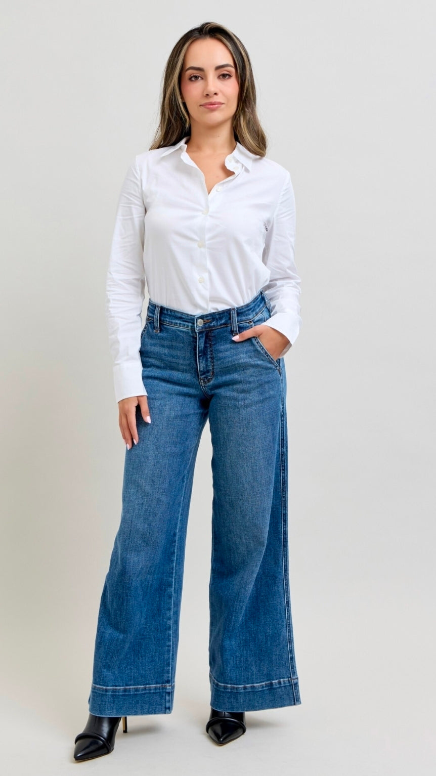 JUDY BLUE HIGH WAIST TUMMY CONTROL PETITE DOUBLE BUTTON FLARE JEANS